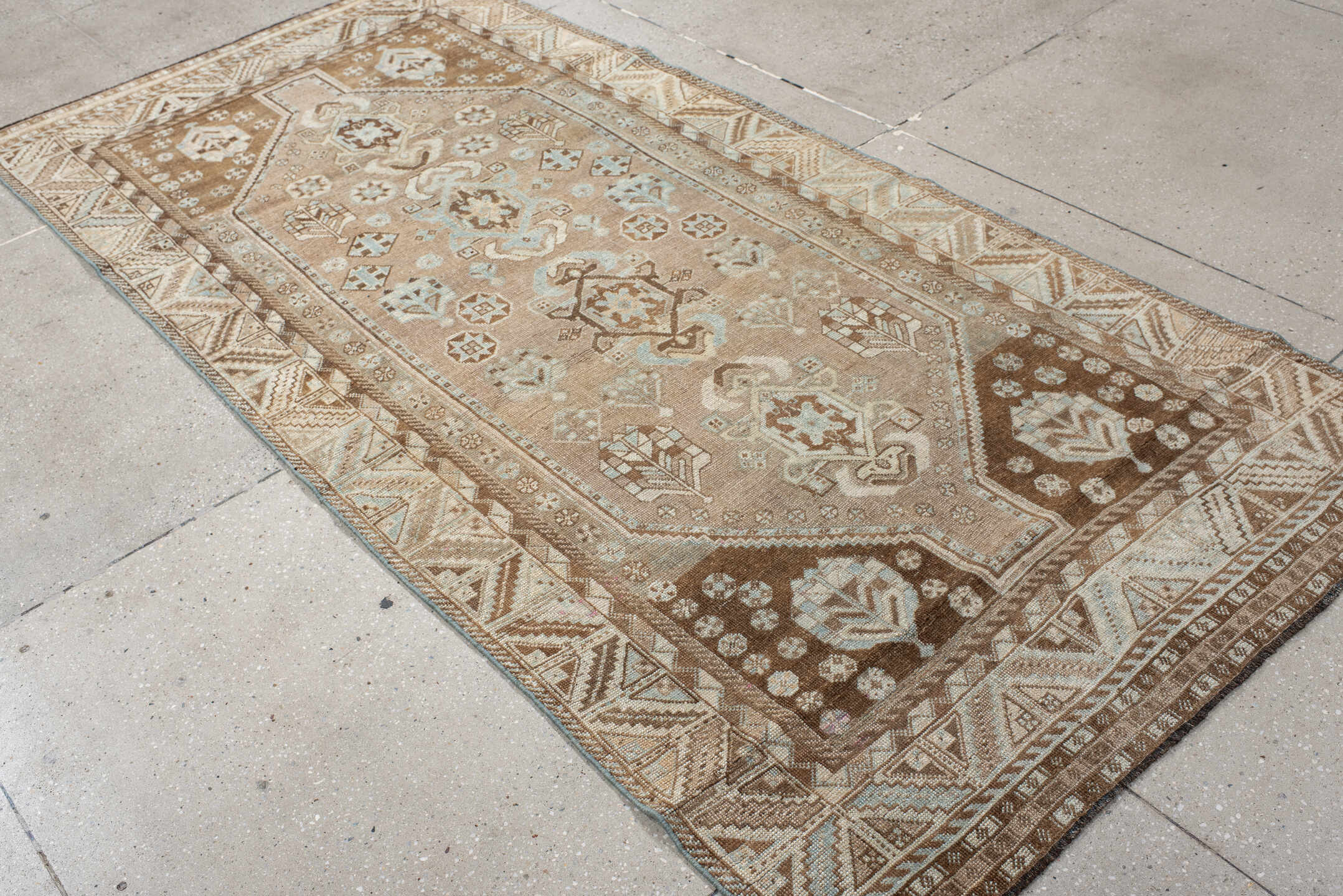 4' x 8' one-of-a-kind handmade vintage NW Persian runner rug. Color palette: taupe, ivory, brown, pale blue, camel, charcoal