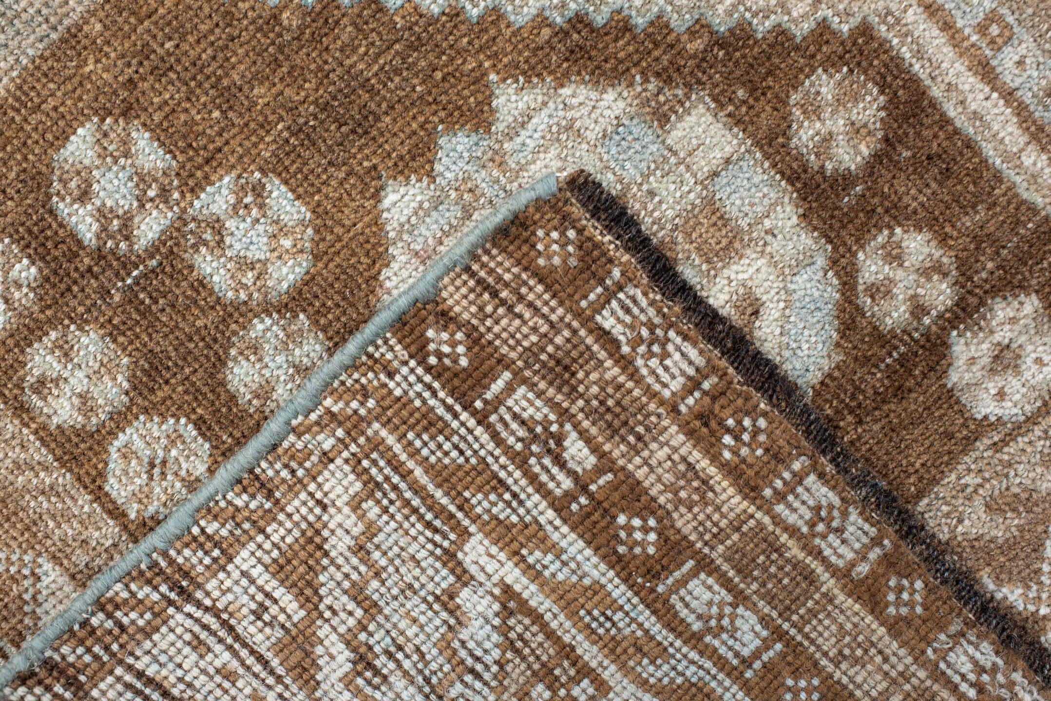 4' x 8' one-of-a-kind handmade vintage NW Persian runner rug. Color palette: taupe, ivory, brown, pale blue, camel, charcoal