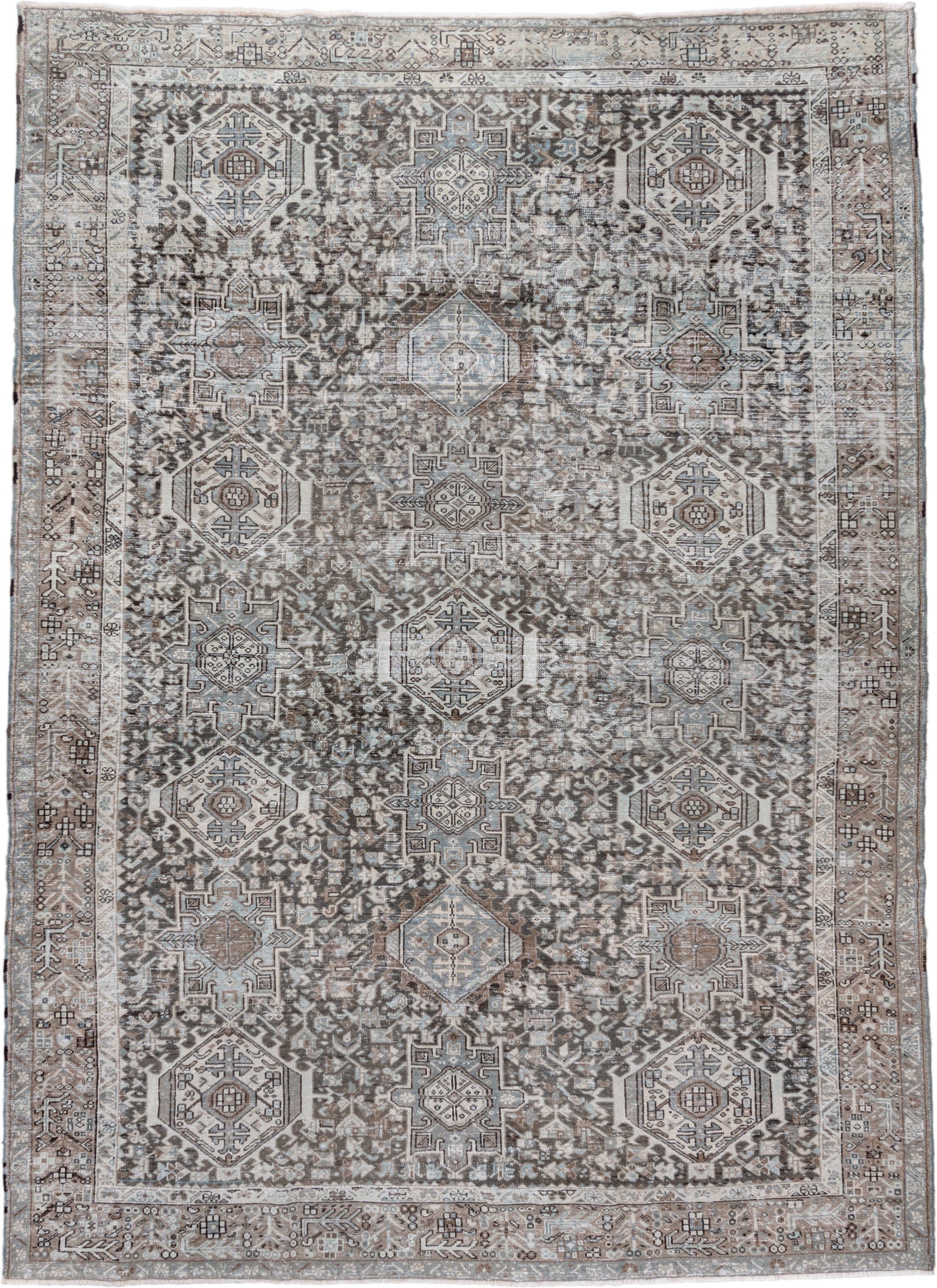 8' x 11' one-of-a-kind handmade vintage Karaje large size rug. Color palette: taupe, ivory, brown, pale blue, charcoal
