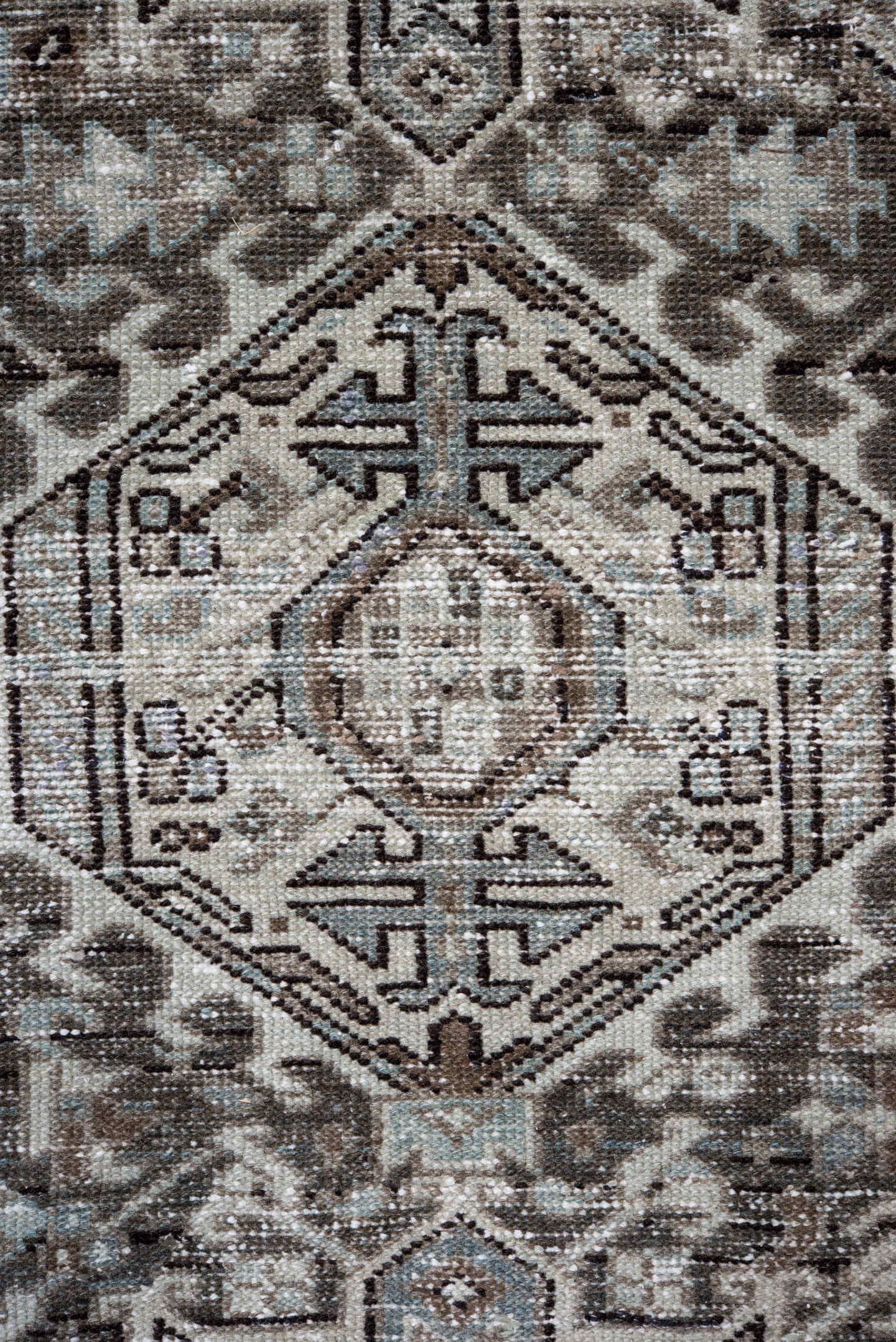 8' x 11' one-of-a-kind handmade vintage Karaje large size rug. Color palette: taupe, ivory, brown, pale blue, charcoal