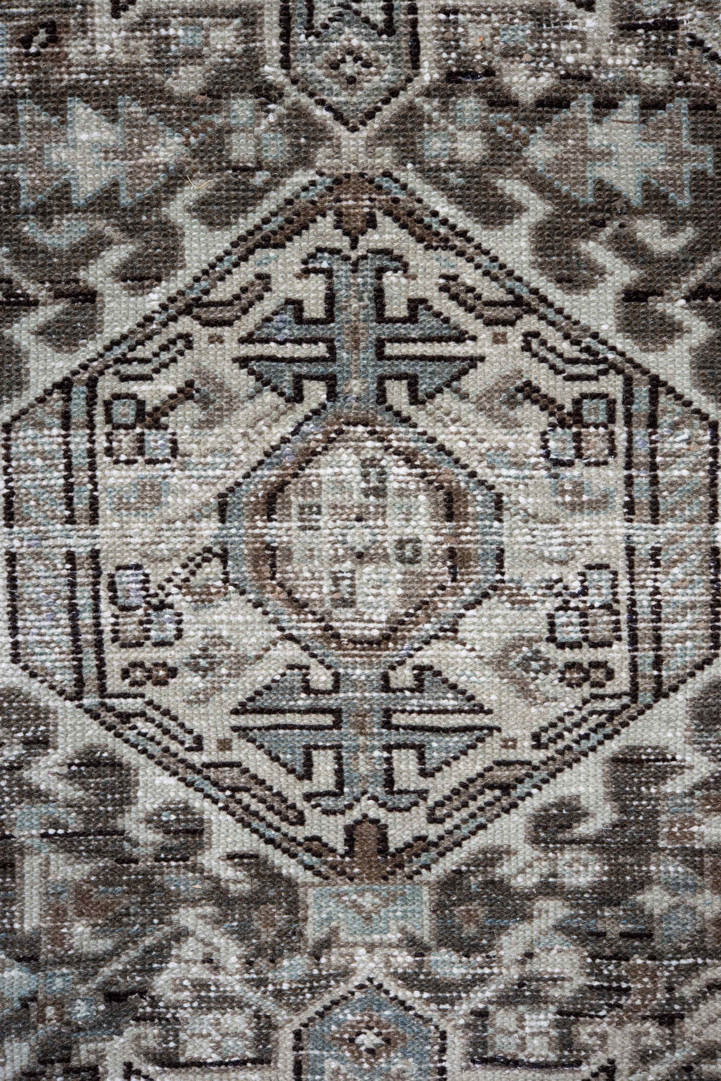 8' x 11' one-of-a-kind handmade vintage Karaje large size rug. Color palette: taupe, ivory, brown, pale blue, charcoal