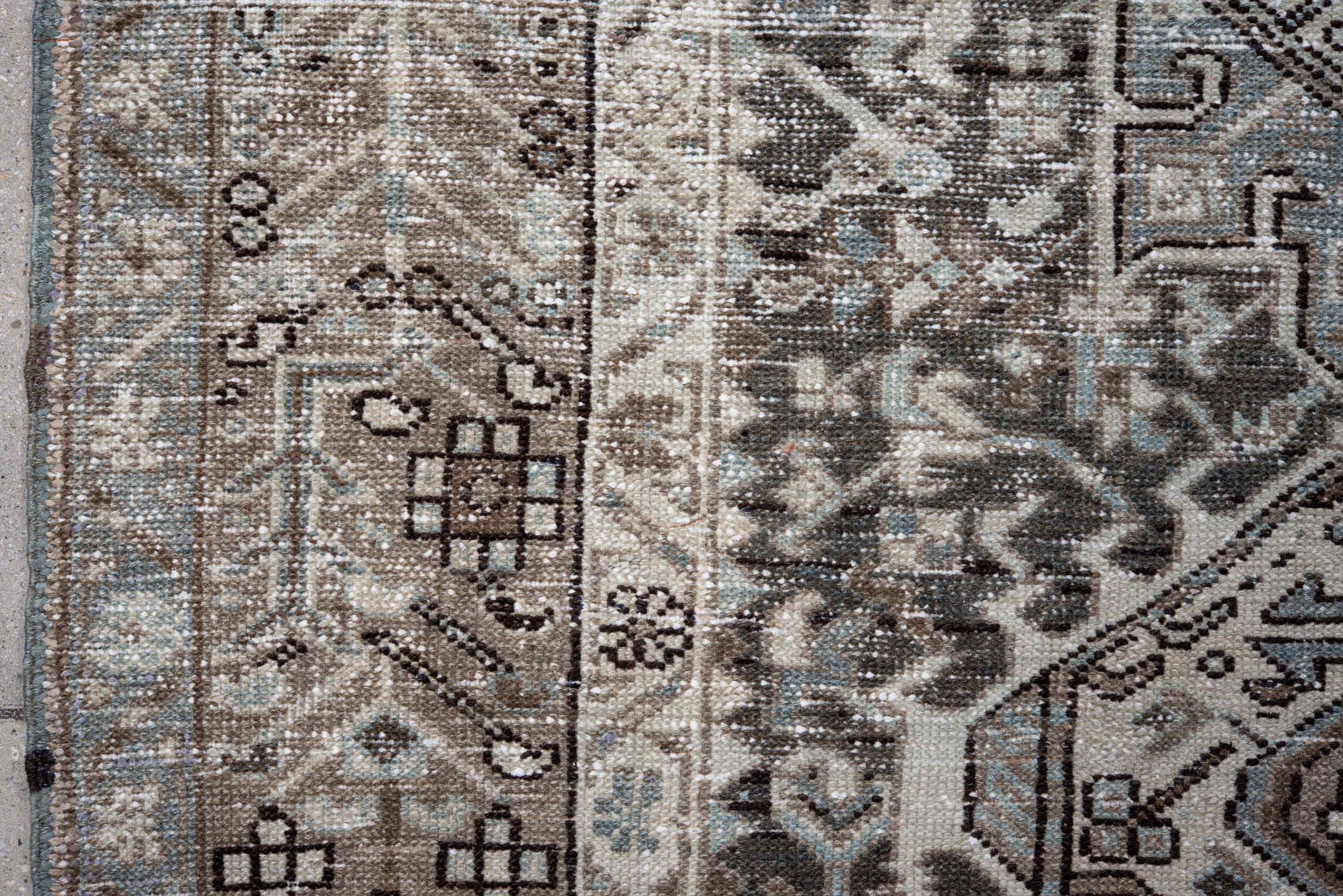 8' x 11' one-of-a-kind handmade vintage Karaje large size rug. Color palette: taupe, ivory, brown, pale blue, charcoal