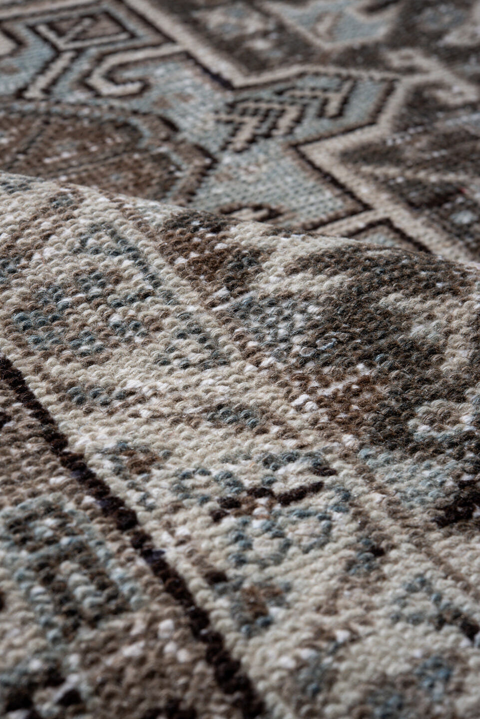 8' x 11' one-of-a-kind handmade vintage Karaje large size rug. Color palette: taupe, ivory, brown, pale blue, charcoal