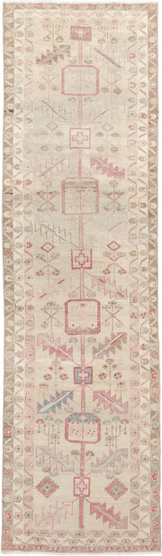 2' x 9' one-of-a-kind handmade vintage Saraband runner rug. Color palette: ivory, taupe, blush, sand, pale blue, beige, gray