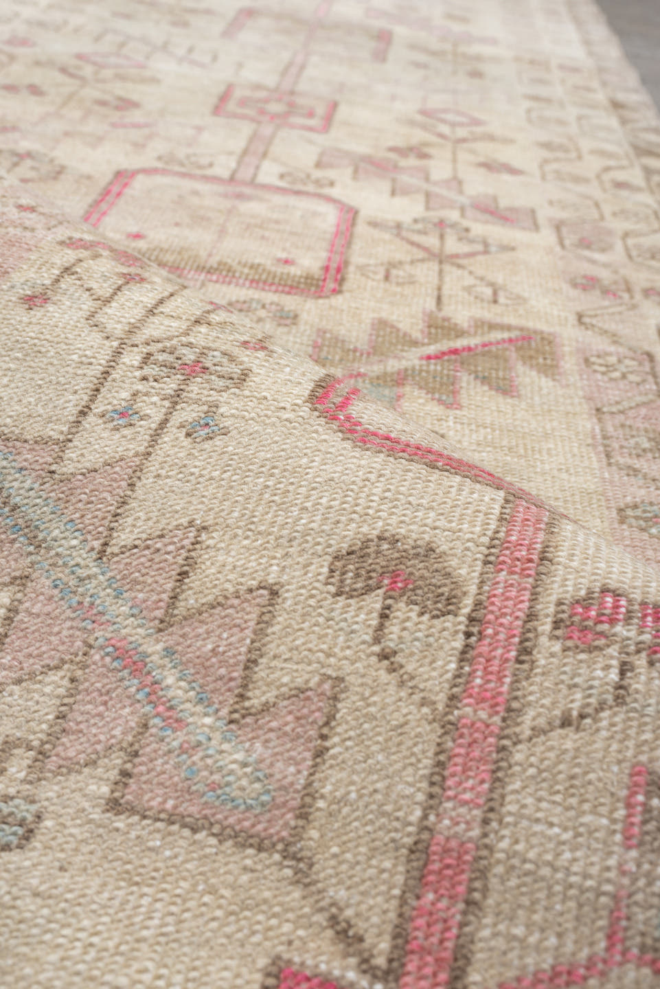 2' x 9' one-of-a-kind handmade vintage Saraband runner rug. Color palette: ivory, taupe, blush, sand, pale blue, beige, gray