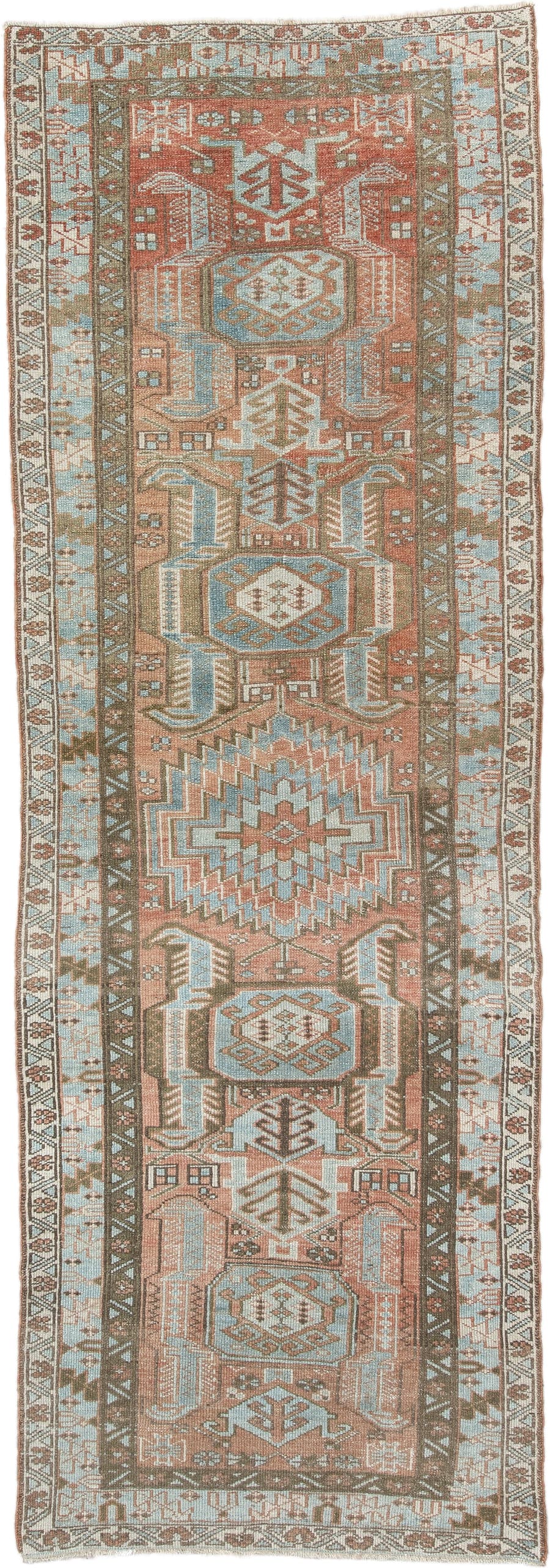 3' x 9' one-of-a-kind handmade antique Heriz runner rug. Color palette: terra cotta, sky blue, ivory, taupe, charcoal, sage