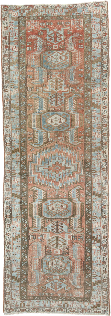 3' x 9' one-of-a-kind handmade antique Heriz runner rug. Color palette: terra cotta, sky blue, ivory, taupe, charcoal, sage