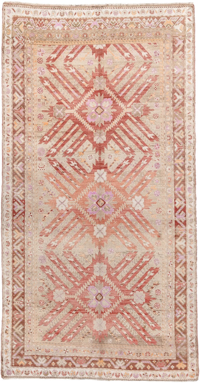 4' x 9' one-of-a-kind handmade antique Caucasian medium size rug. Color palette: ivory, terracotta, rose, taupe, blush