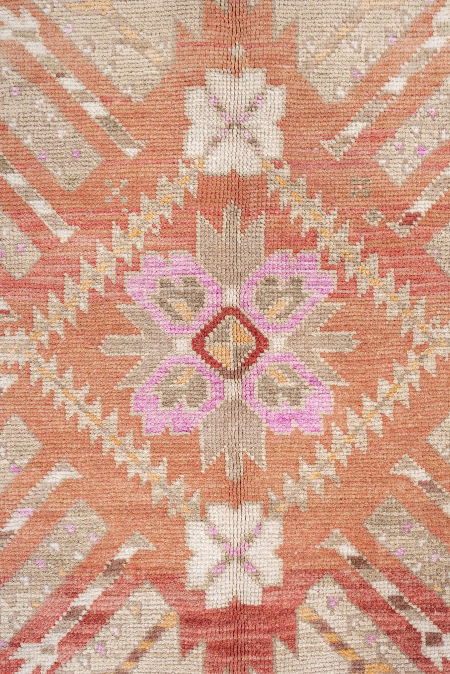 4' x 9' one-of-a-kind handmade antique Caucasian medium size rug. Color palette: ivory, terracotta, rose, taupe, blush