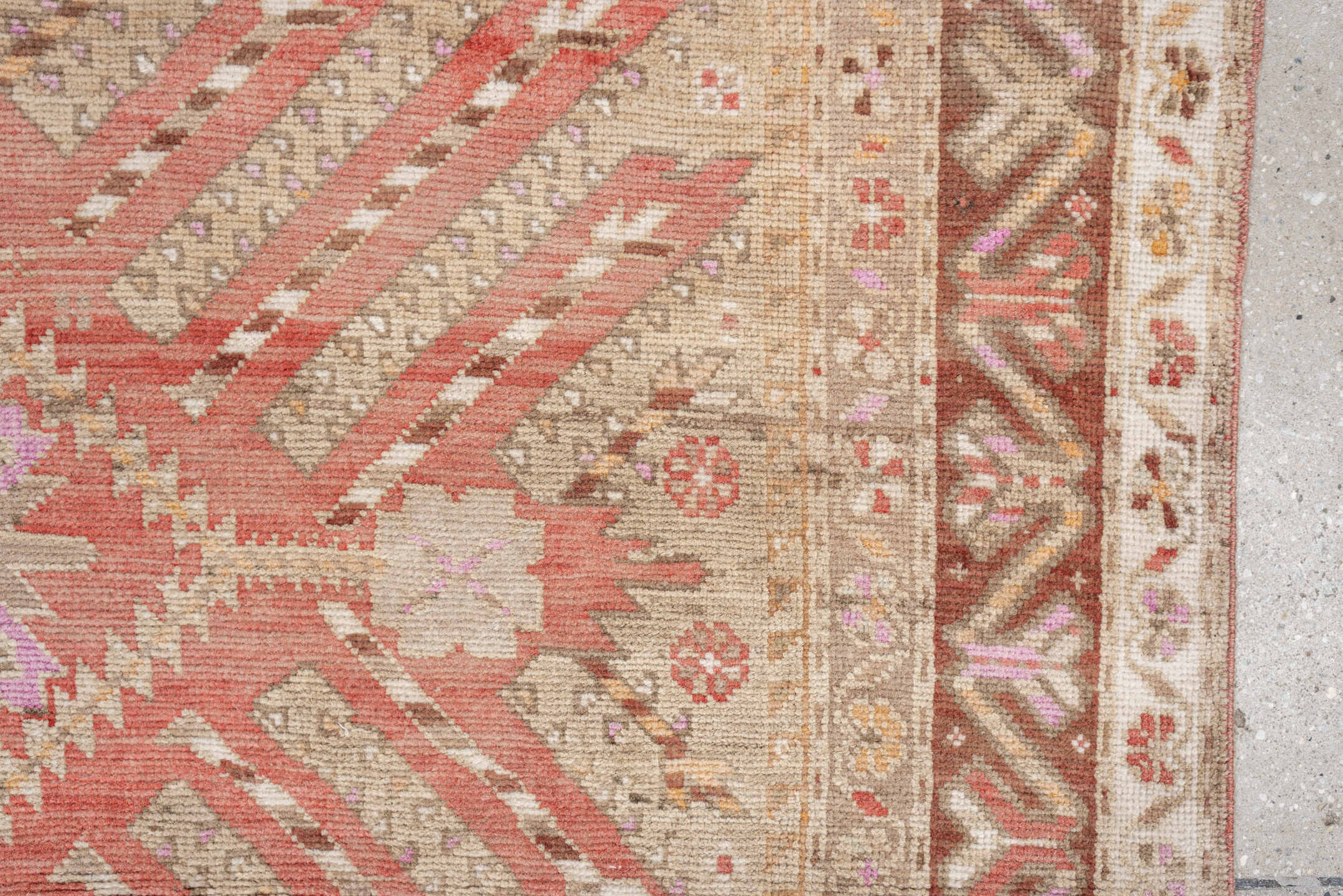 4' x 9' one-of-a-kind handmade antique Caucasian medium size rug. Color palette: ivory, terracotta, rose, taupe, blush