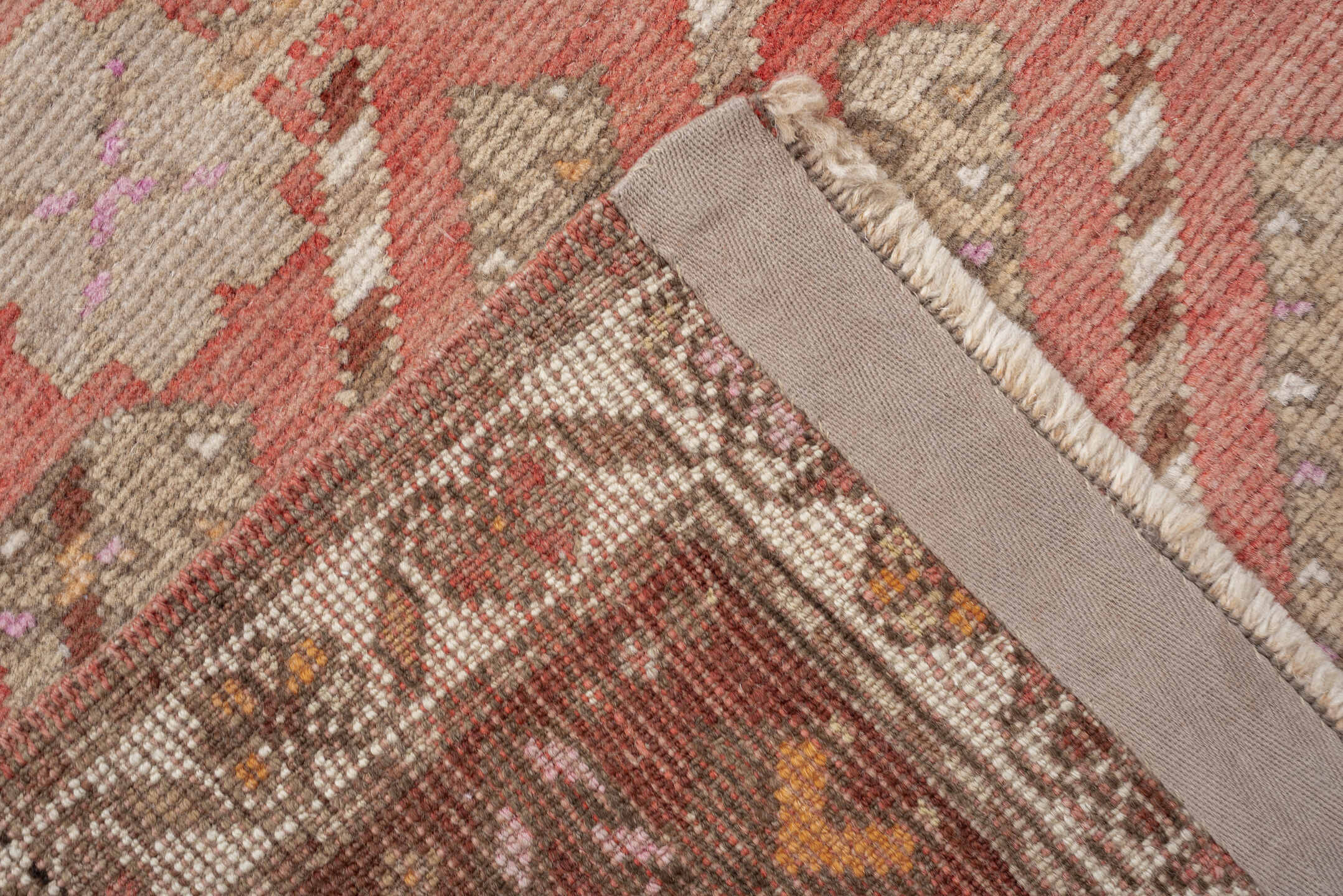 4' x 9' one-of-a-kind handmade antique Caucasian medium size rug. Color palette: ivory, terracotta, rose, taupe, blush