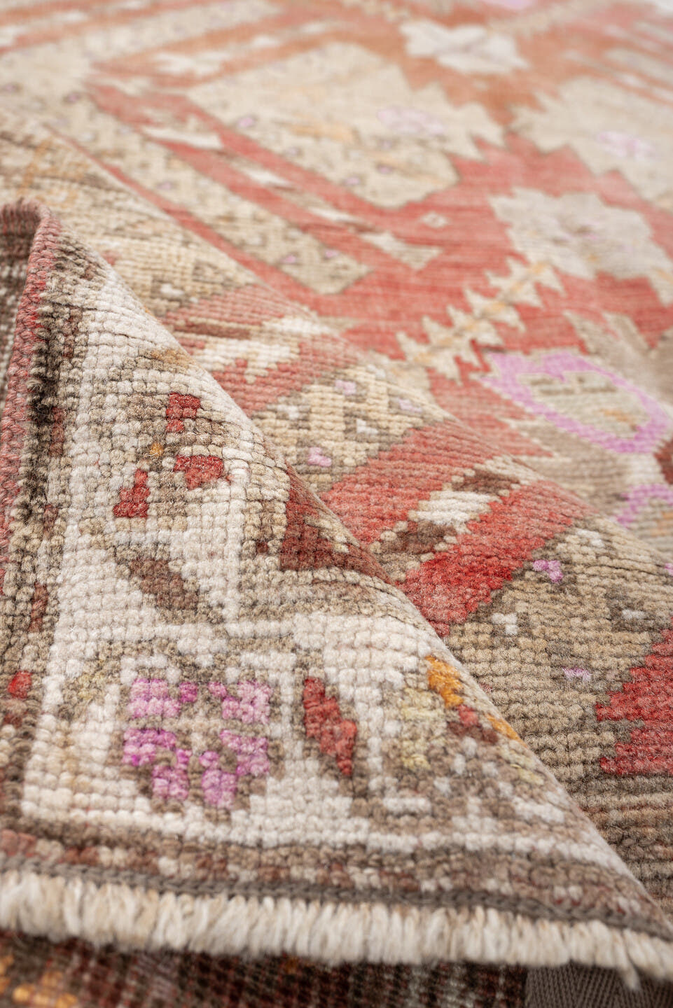 4' x 9' one-of-a-kind handmade antique Caucasian medium size rug. Color palette: ivory, terracotta, rose, taupe, blush