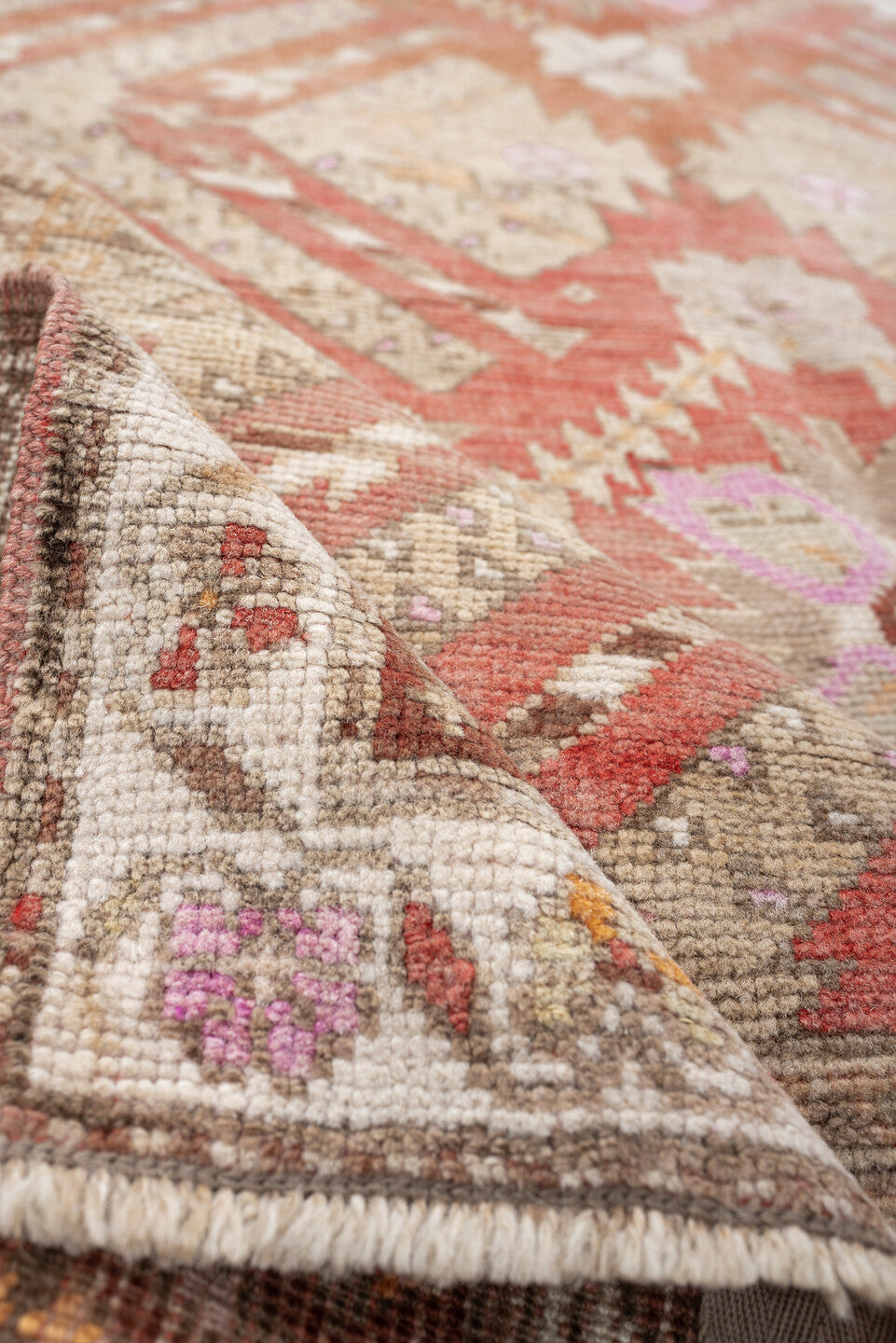 4' x 9' one-of-a-kind handmade antique Caucasian medium size rug. Color palette: ivory, terracotta, rose, taupe, blush