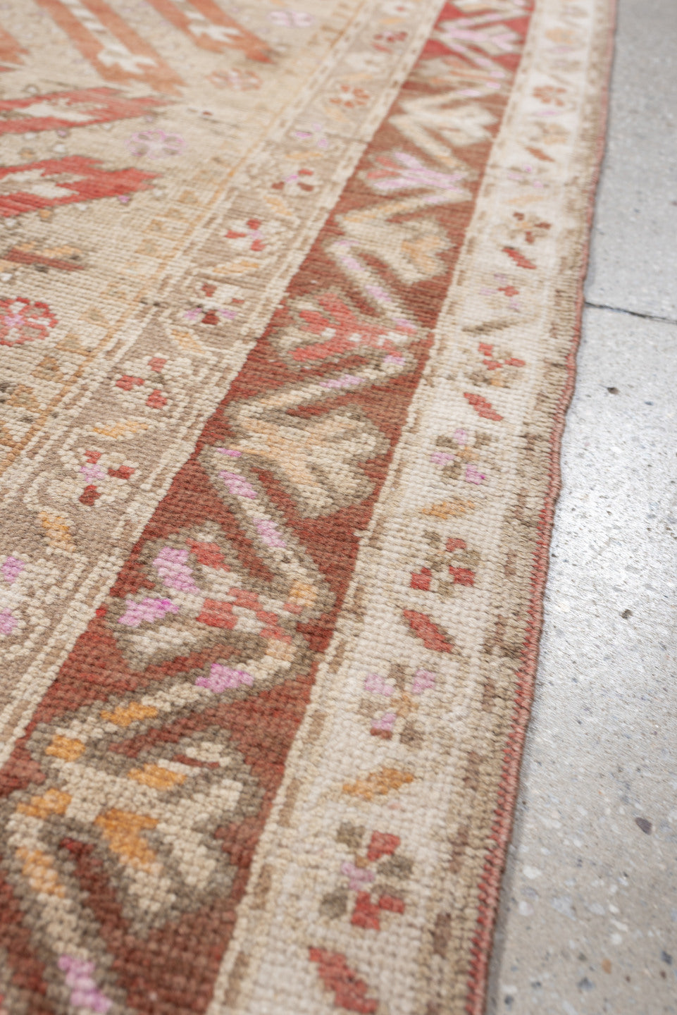 4' x 9' one-of-a-kind handmade antique Caucasian medium size rug. Color palette: ivory, terracotta, rose, taupe, blush