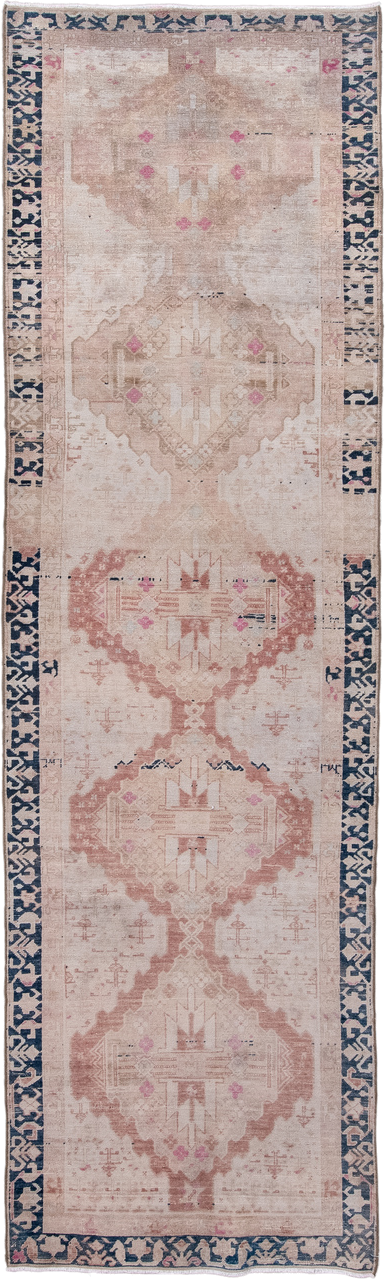 3' x 11' one-of-a-kind handmade antique Sarab runner rug. Color palette: blush, ivory, indigo, dusty rose, taupe, navy, pink