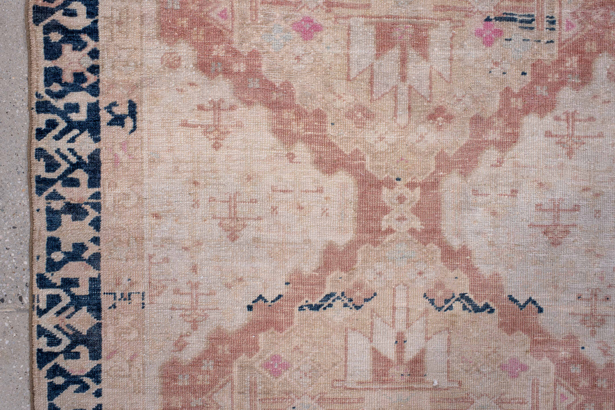 3' x 11' one-of-a-kind handmade antique Sarab runner rug. Color palette: blush, ivory, indigo, dusty rose, taupe, navy, pink