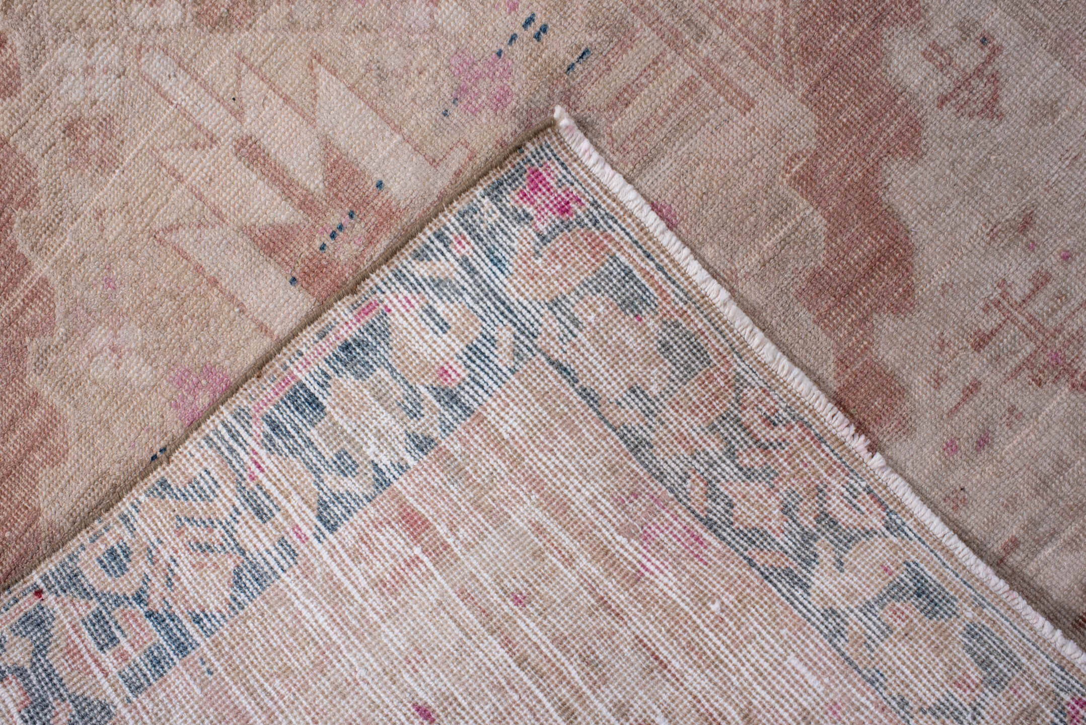3' x 11' one-of-a-kind handmade antique Sarab runner rug. Color palette: blush, ivory, indigo, dusty rose, taupe, navy, pink