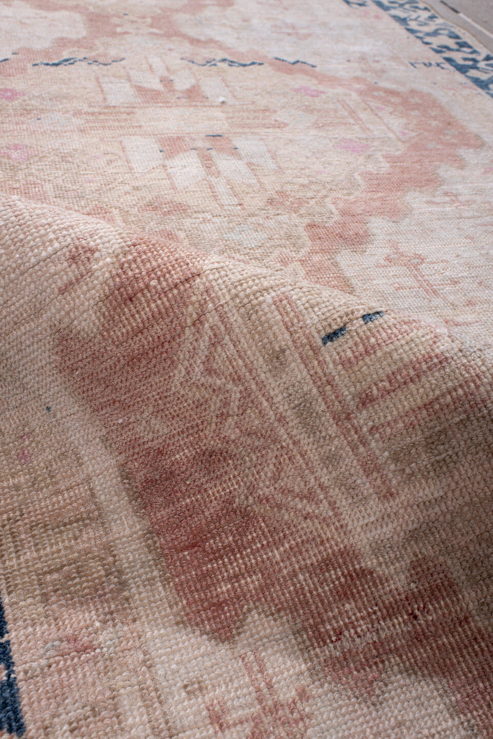 3' x 11' one-of-a-kind handmade antique Sarab runner rug. Color palette: blush, ivory, indigo, dusty rose, taupe, navy, pink