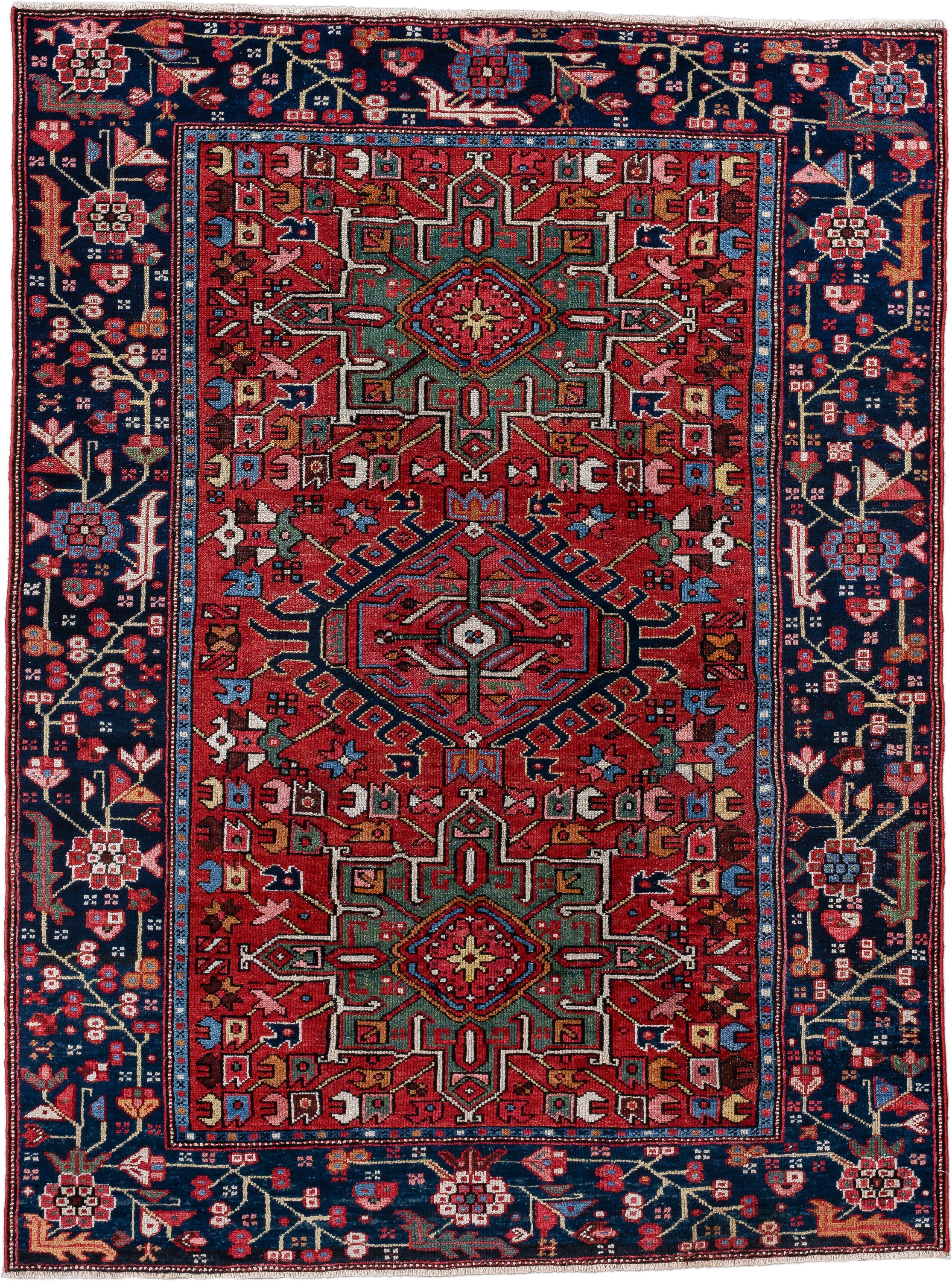 4' x 6' one-of-a-kind handmade vintage Karaje small size rug. Color palette: rust, navy, ivory, sky blue, sage, rose