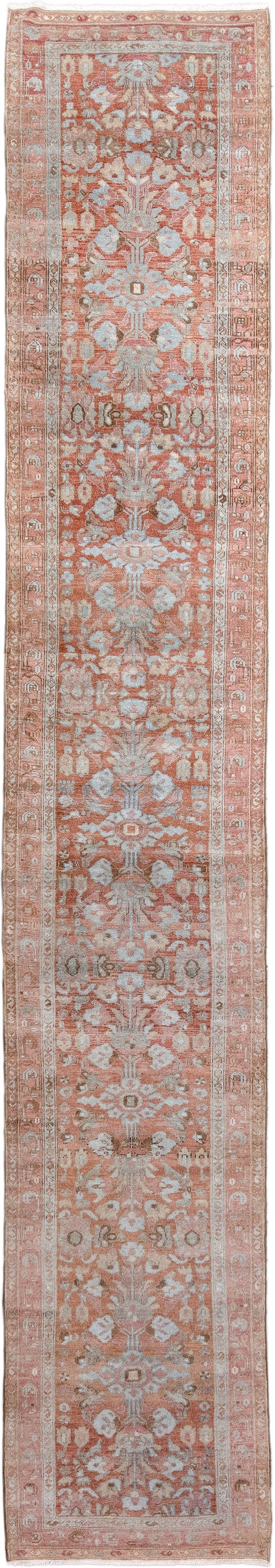 2' x 16' one-of-a-kind handmade antique Lilian runner rug. Color palette: terra cotta, ivory, pale blue, rose, taupe, camel
