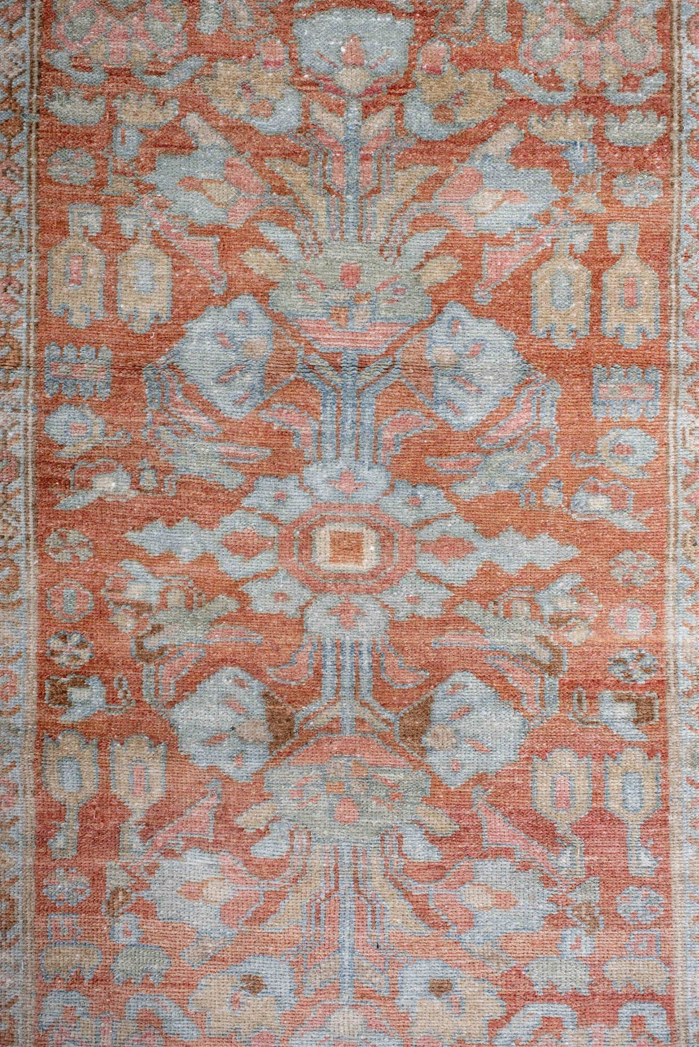 2' x 16' one-of-a-kind handmade antique Lilian runner rug. Color palette: terra cotta, ivory, pale blue, rose, taupe, camel