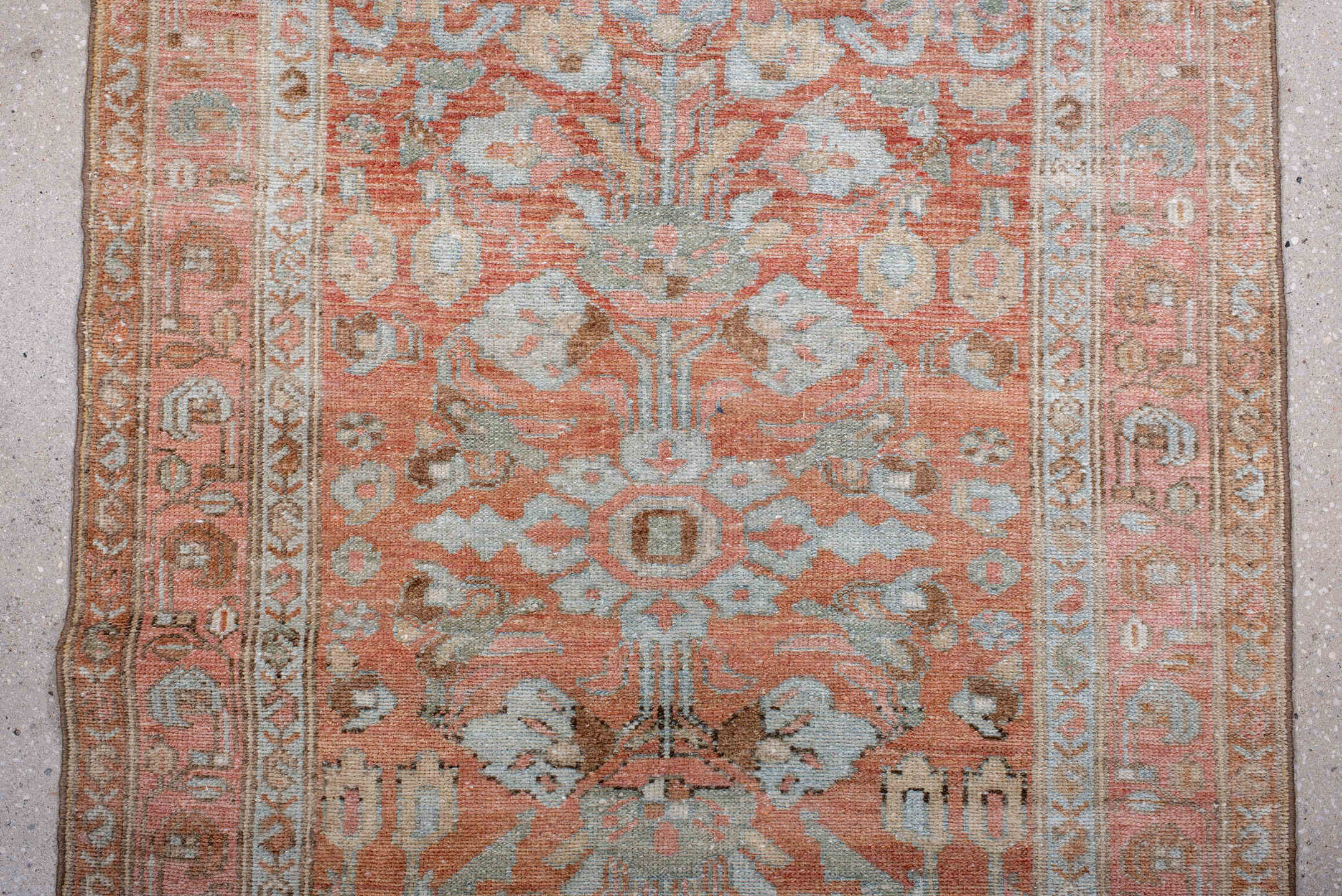 2' x 16' one-of-a-kind handmade antique Lilian runner rug. Color palette: terra cotta, ivory, pale blue, rose, taupe, camel