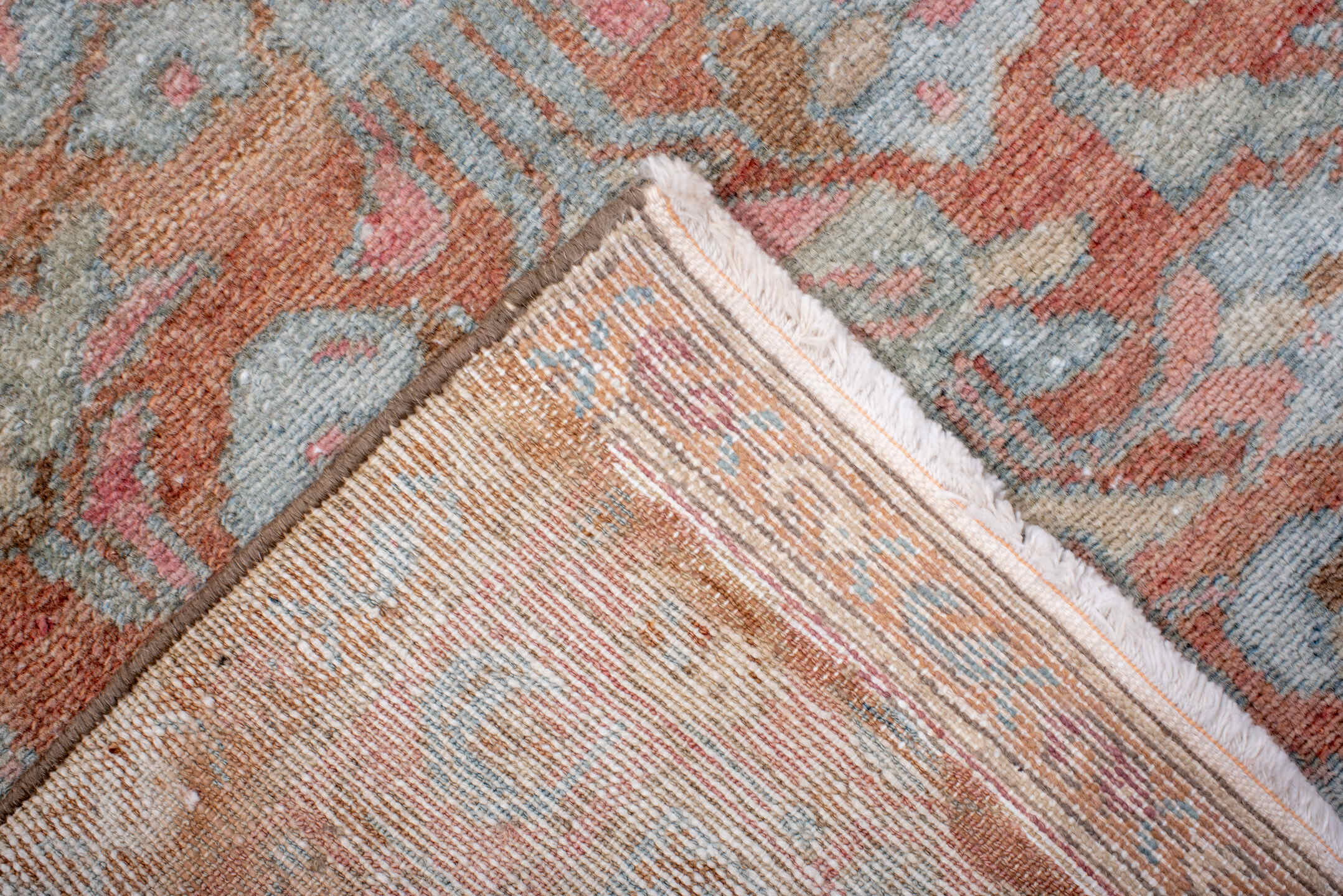 2' x 16' one-of-a-kind handmade antique Lilian runner rug. Color palette: terra cotta, ivory, pale blue, rose, taupe, camel