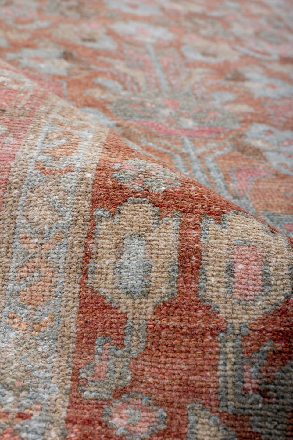 2' x 16' one-of-a-kind handmade antique Lilian runner rug. Color palette: terra cotta, ivory, pale blue, rose, taupe, camel