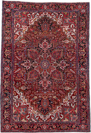 7' x 11' one-of-a-kind handmade vintage Heriz large size rug. Color palette: red, navy, ivory, rust, sky blue, burgundy