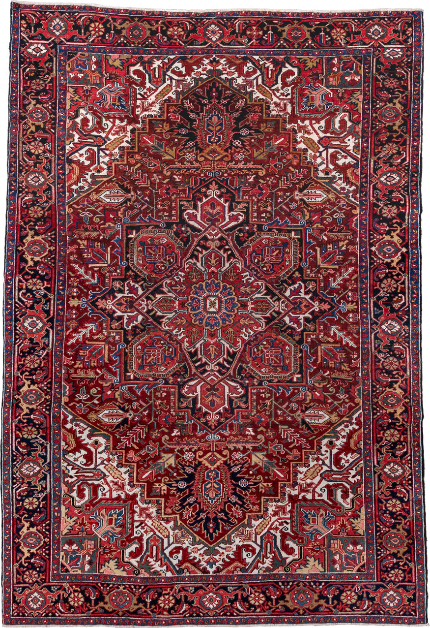 7' x 11' one-of-a-kind handmade vintage Heriz large size rug. Color palette: red, navy, ivory, rust, sky blue, burgundy