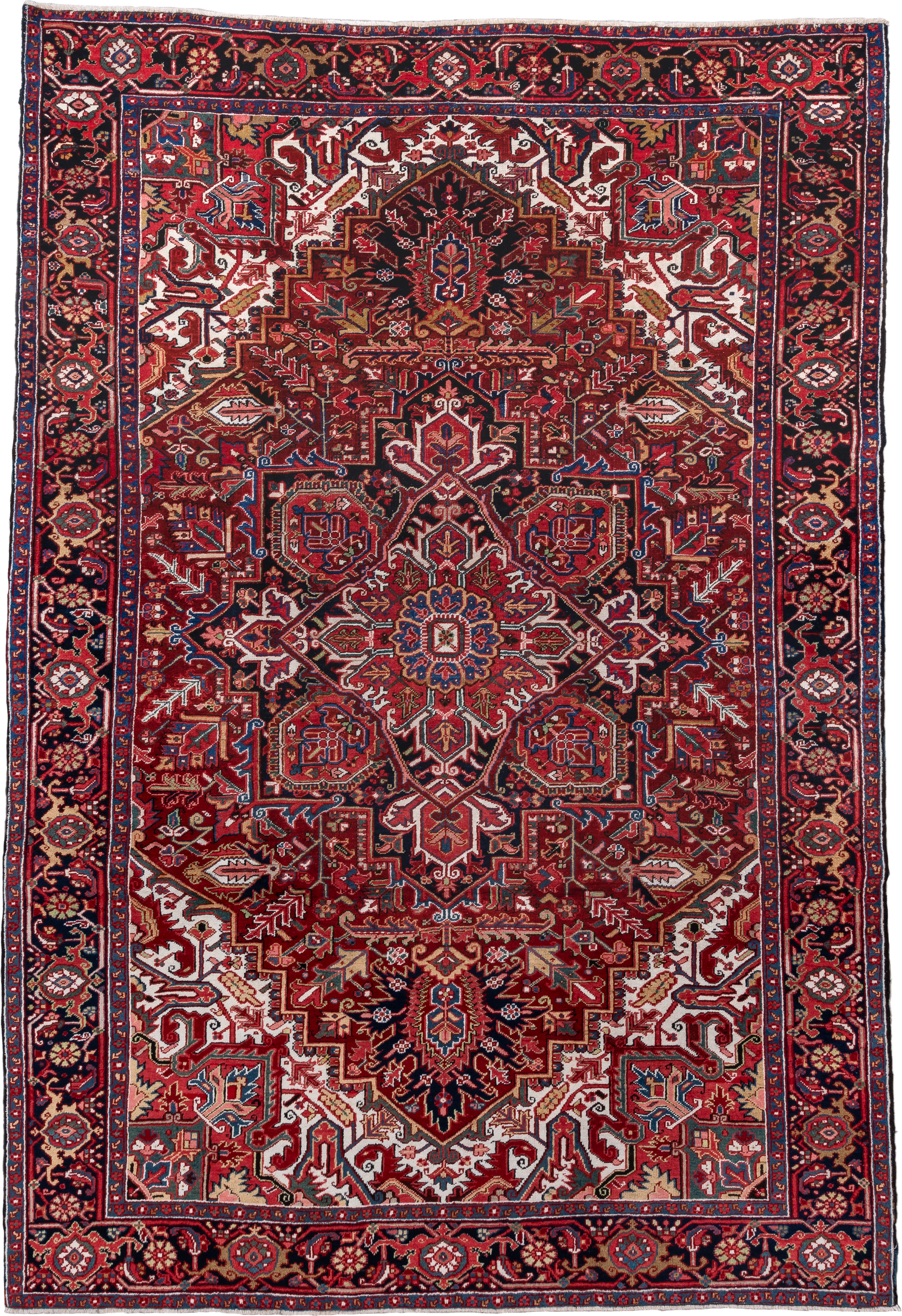 7' x 11' one-of-a-kind handmade vintage Heriz large size rug. Color palette: red, navy, ivory, rust, sky blue, burgundy