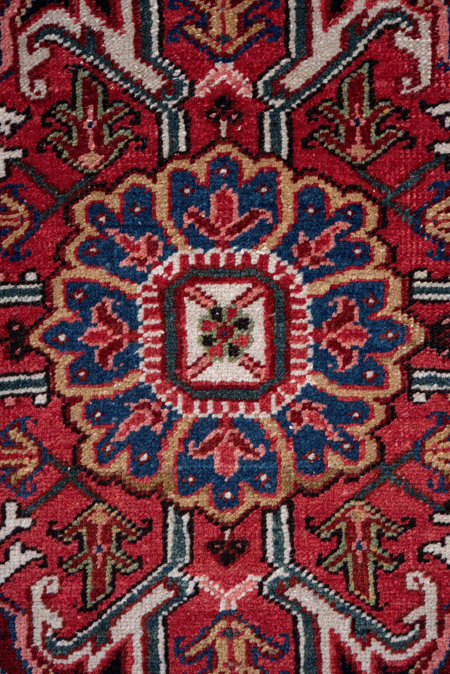 7' x 11' one-of-a-kind handmade vintage Heriz large size rug. Color palette: red, navy, ivory, rust, sky blue, burgundy
