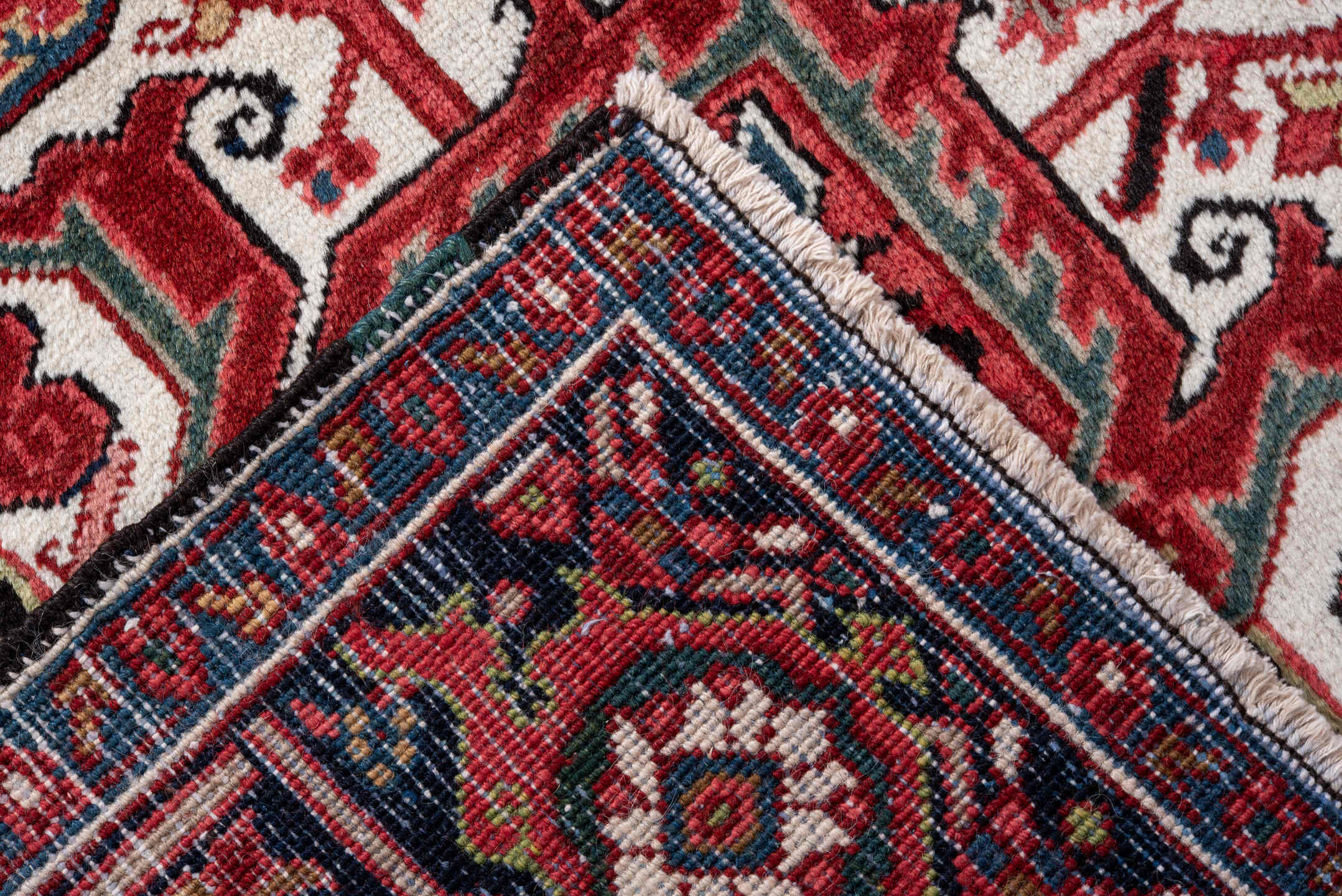 7' x 11' one-of-a-kind handmade vintage Heriz large size rug. Color palette: red, navy, ivory, rust, sky blue, burgundy