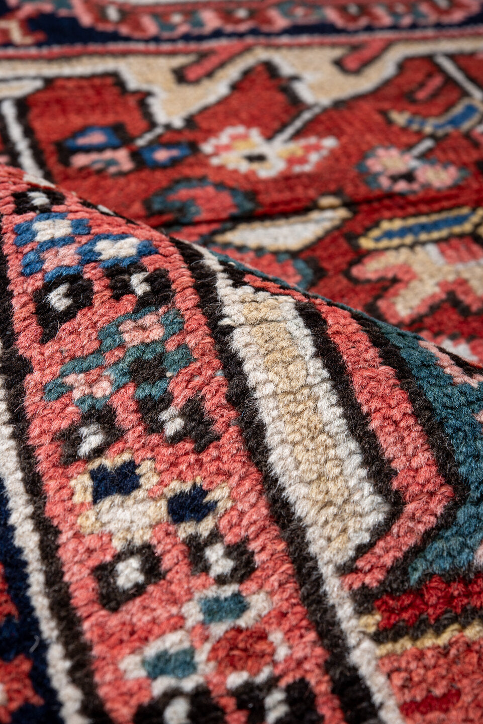 7' x 11' one-of-a-kind handmade vintage Heriz large size rug. Color palette: black, blue, brown, charcoal, dark slate gray