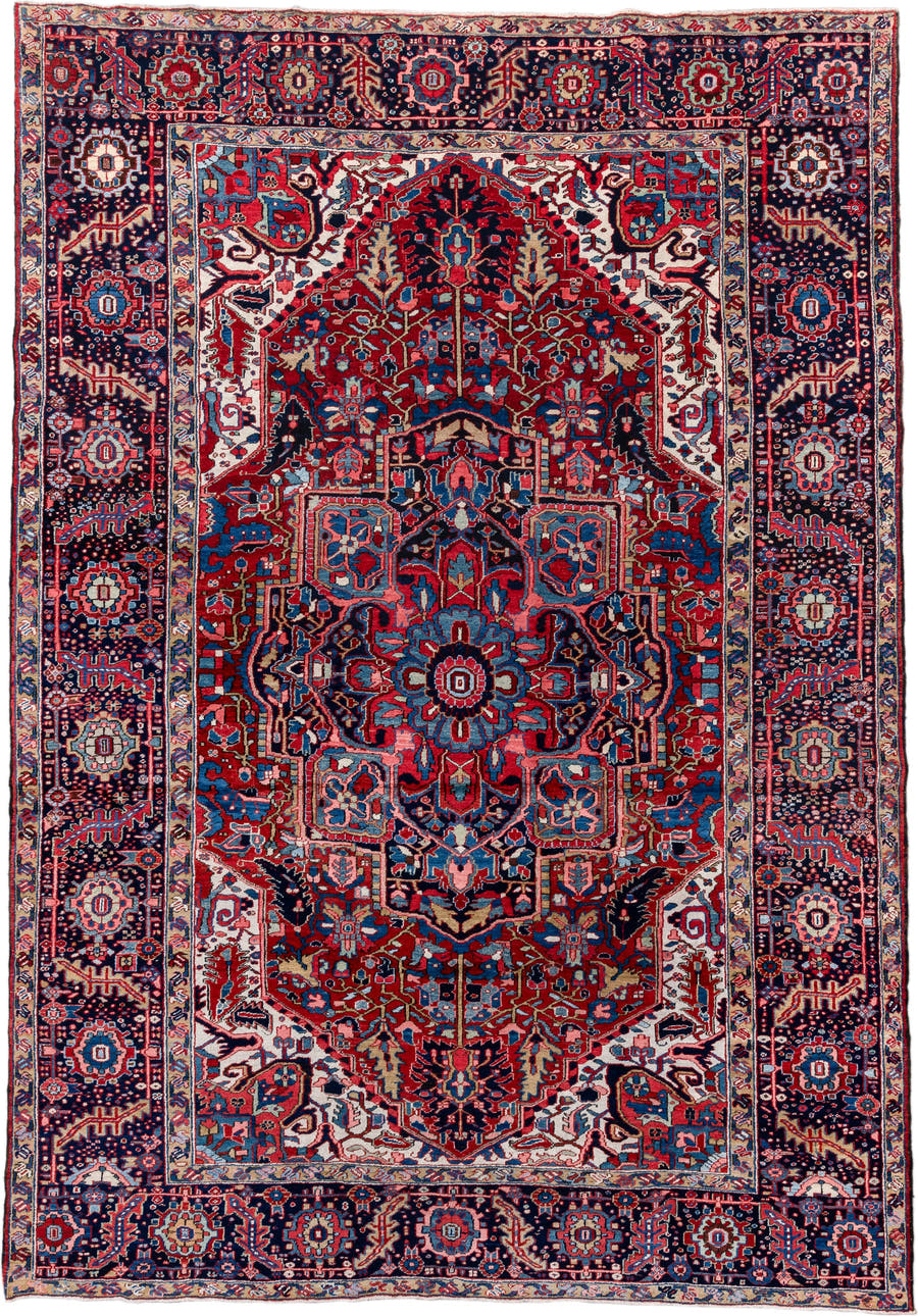 8' x 12' one-of-a-kind handmade vintage Heriz large size rug. Color palette: red, navy, ivory, sky blue, crimson, charcoal