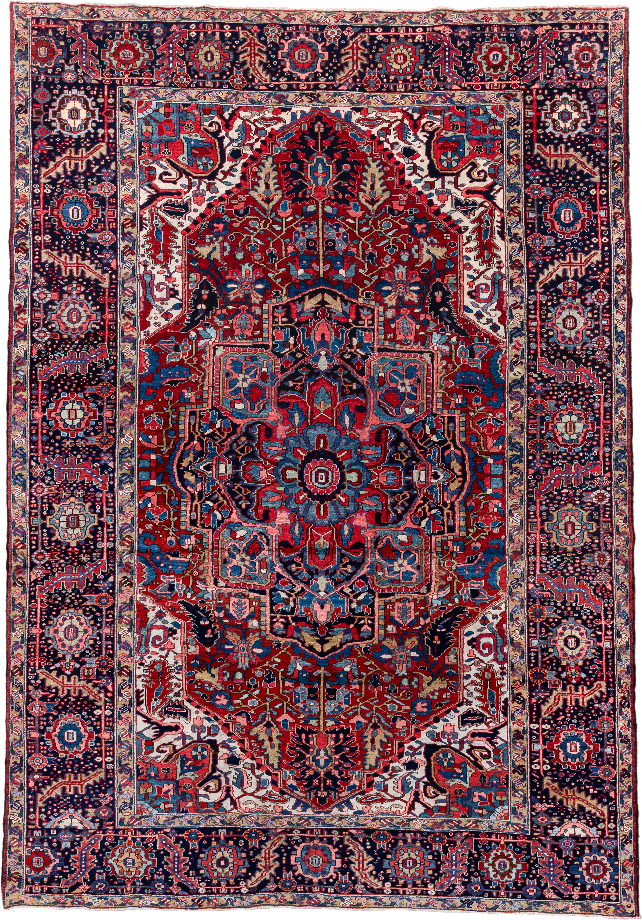 8' x 12' one-of-a-kind handmade vintage Heriz large size rug. Color palette: red, navy, ivory, sky blue, crimson, charcoal