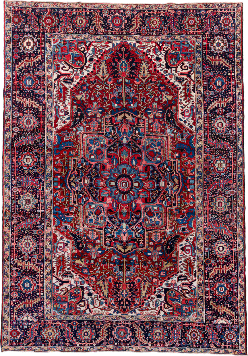 8' x 12' one-of-a-kind handmade vintage Heriz large size rug. Color palette: red, navy, ivory, sky blue, crimson, charcoal