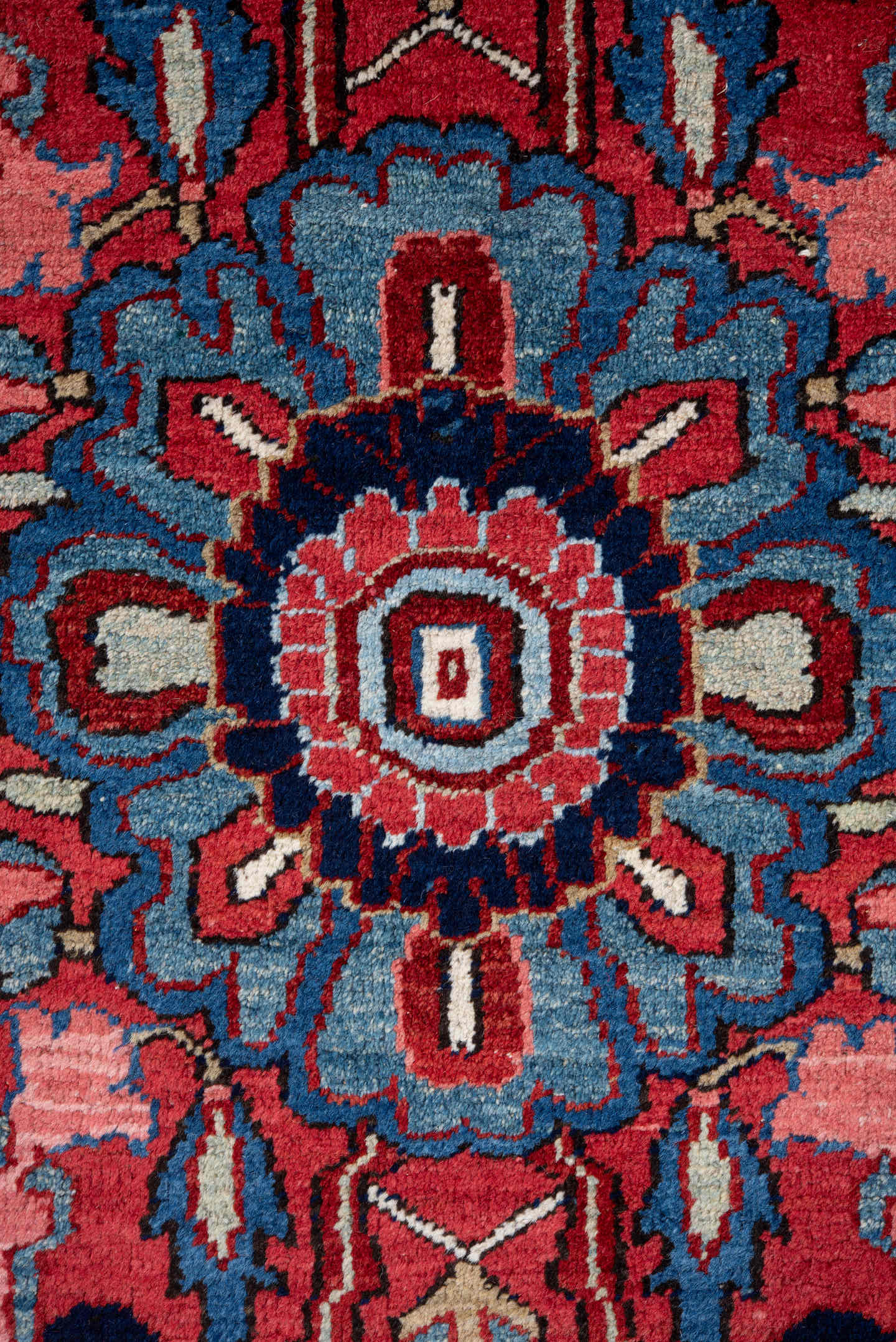 8' x 12' one-of-a-kind handmade vintage Heriz large size rug. Color palette: red, navy, ivory, sky blue, crimson, charcoal