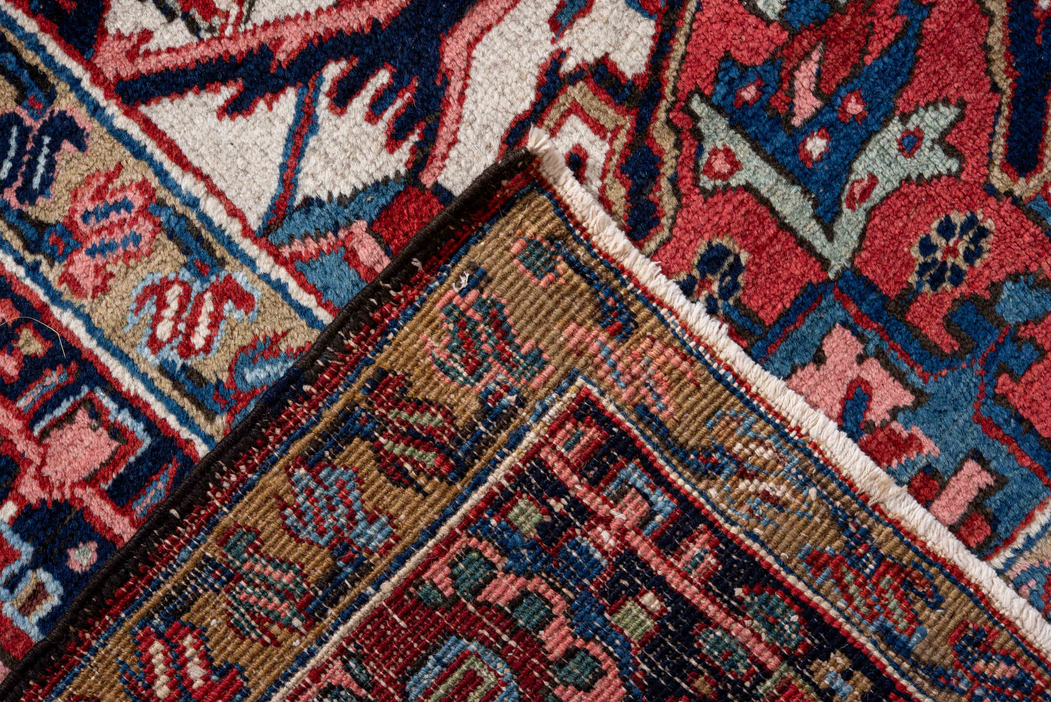 8' x 12' one-of-a-kind handmade vintage Heriz large size rug. Color palette: red, navy, ivory, sky blue, crimson, charcoal