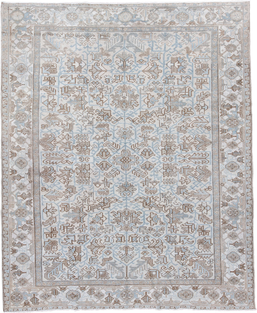 8' x 9' one-of-a-kind handmade antique Heriz rug. Color palette: ivory, pale blue, taupe, beige, light brown, light blue