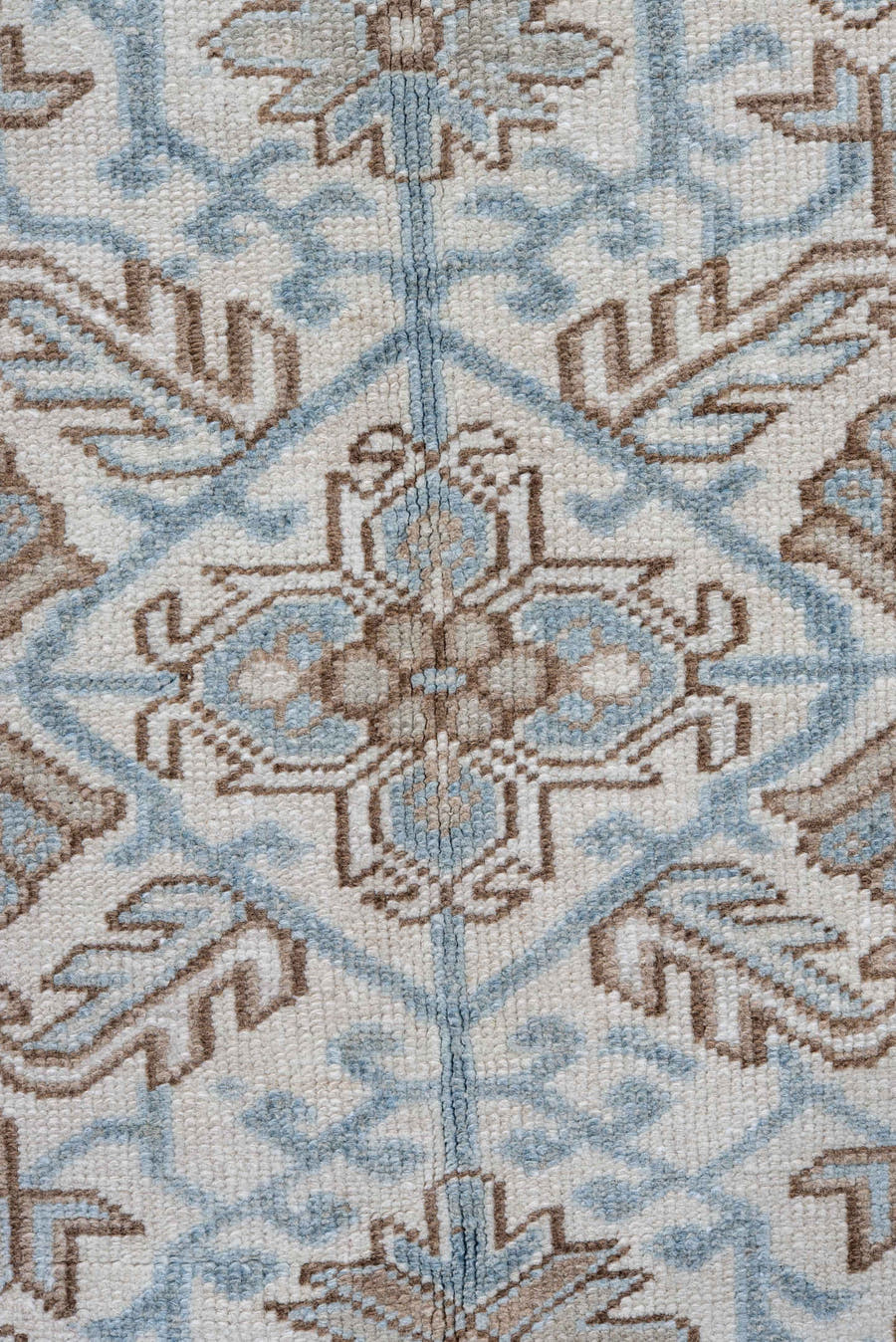 8' x 9' one-of-a-kind handmade antique Heriz rug. Color palette: ivory, pale blue, taupe, beige, light brown, light blue