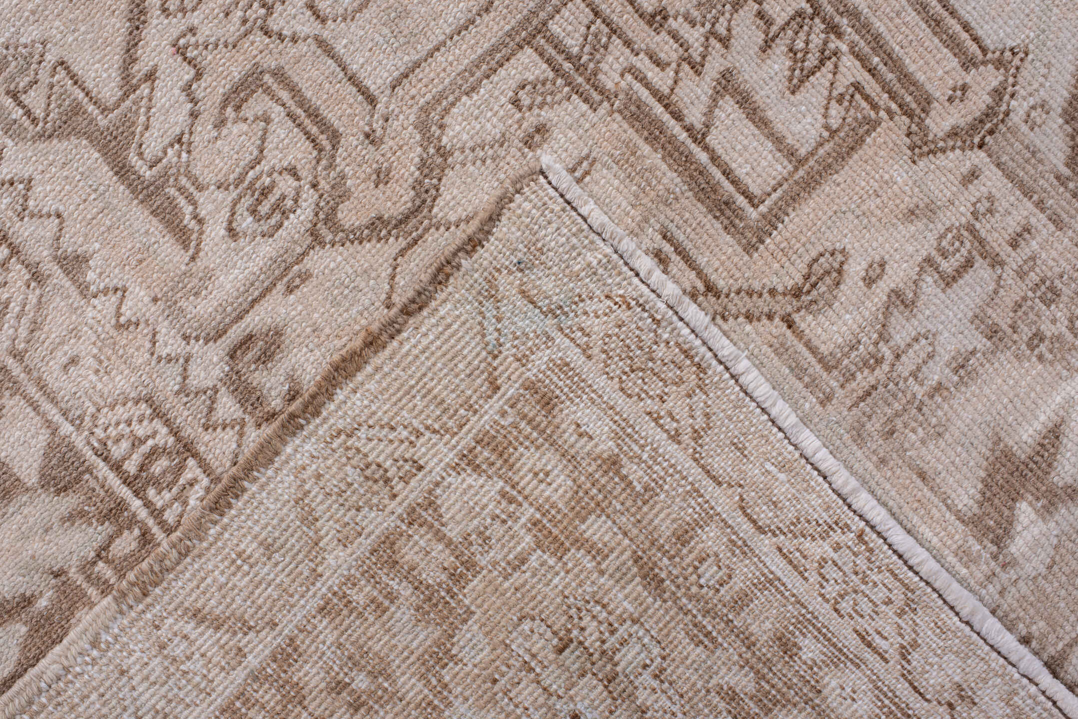 9' x 13' one-of-a-kind handmade vintage Heriz large size rug. Color palette: brown, gray, light gray, linen, off-white, pink