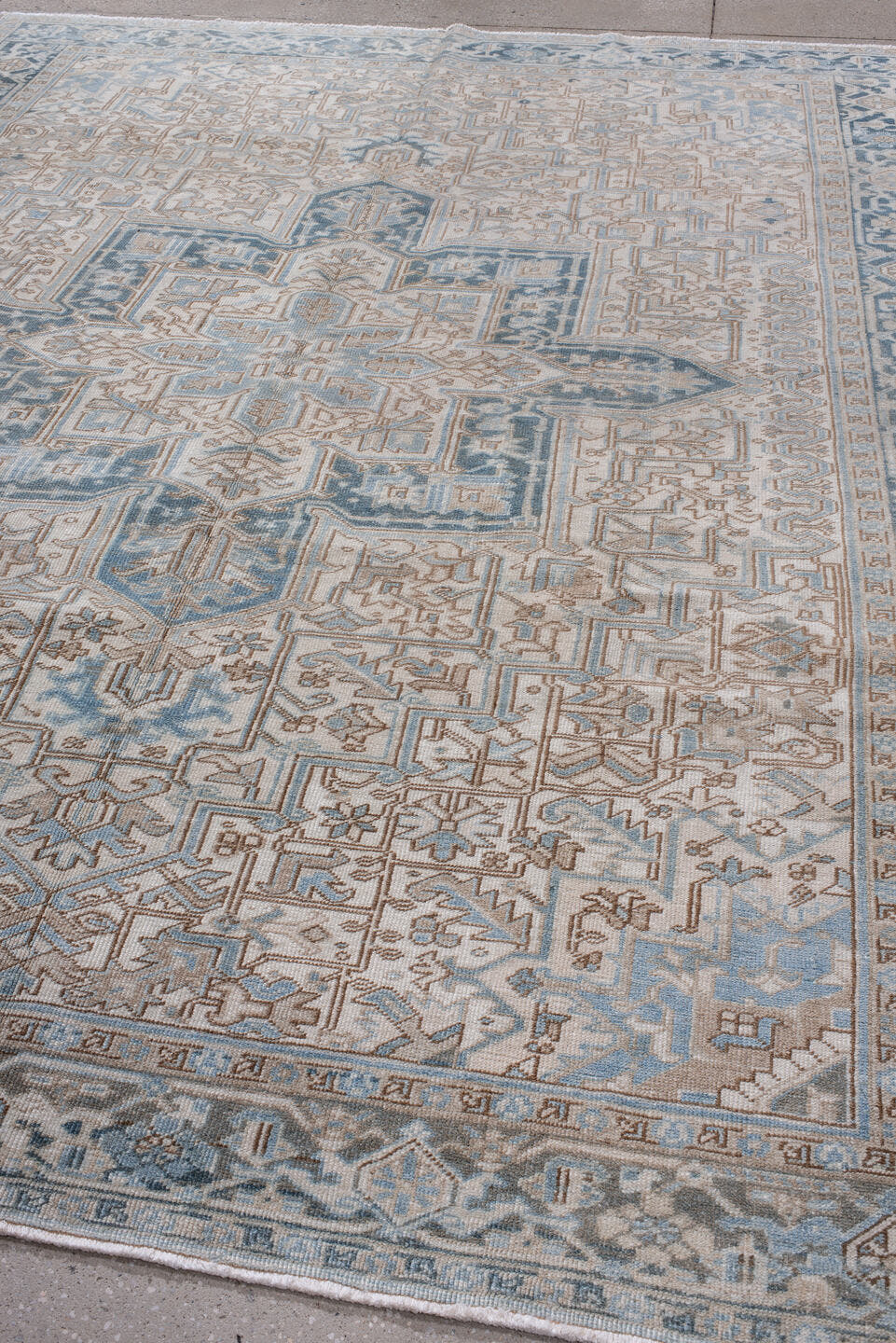 8' x 11' one-of-a-kind handmade antique Heriz large size rug. Color palette: ivory, light blue, slate, taupe, beige