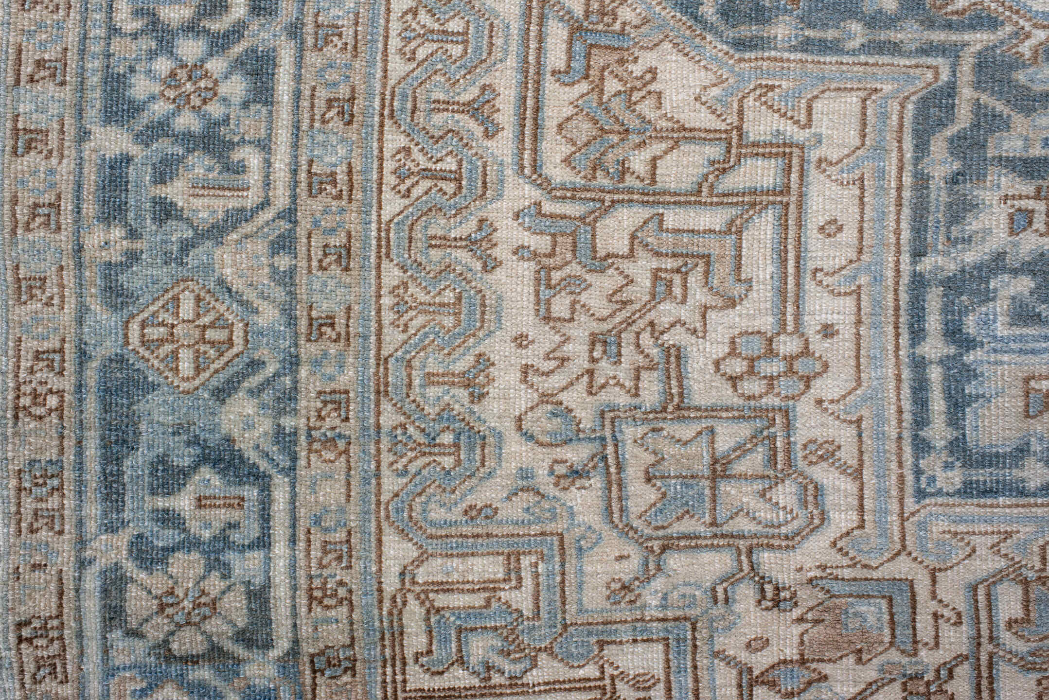 8' x 11' one-of-a-kind handmade antique Heriz large size rug. Color palette: ivory, light blue, slate, taupe, beige