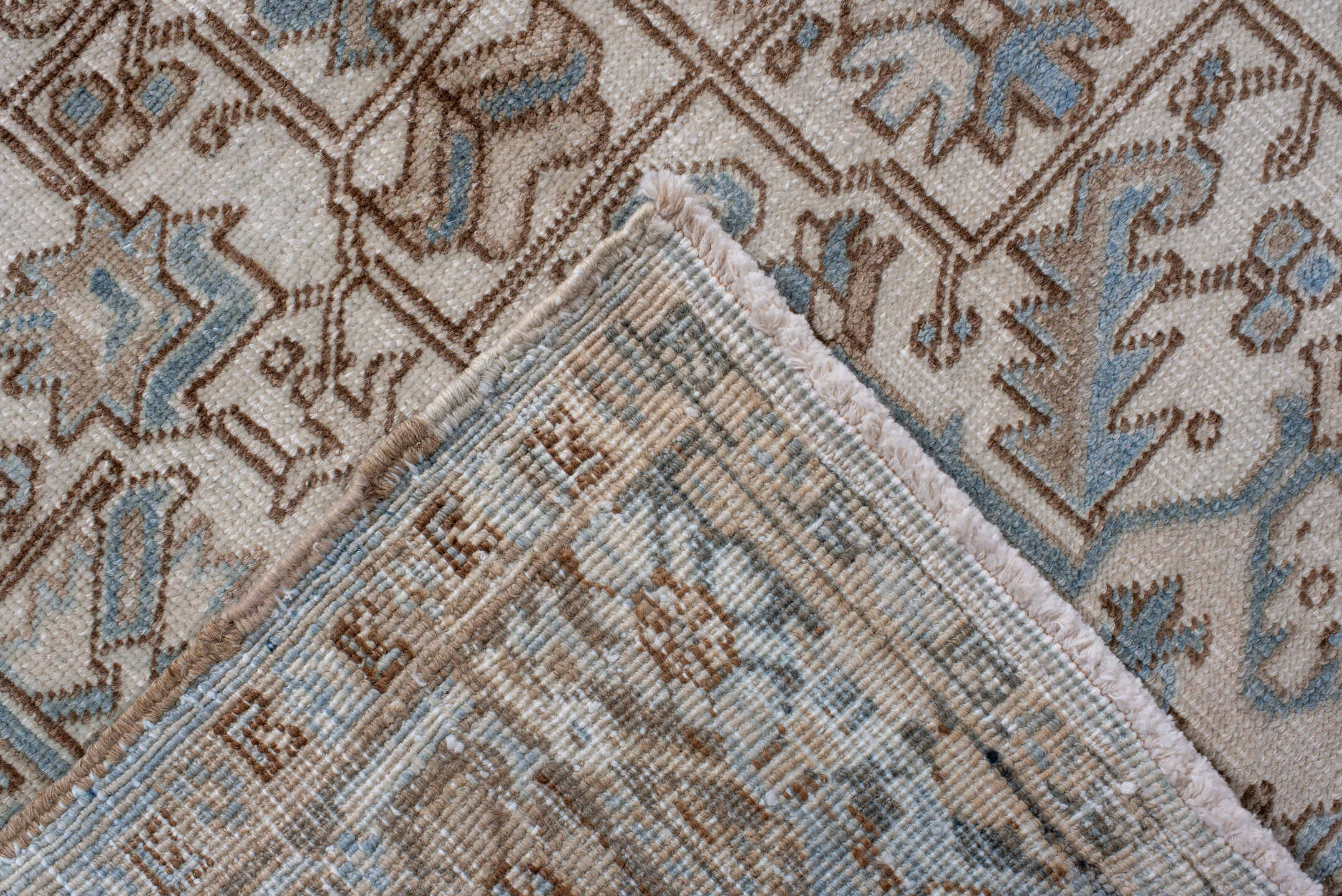 8' x 11' one-of-a-kind handmade antique Heriz large size rug. Color palette: ivory, light blue, slate, taupe, beige