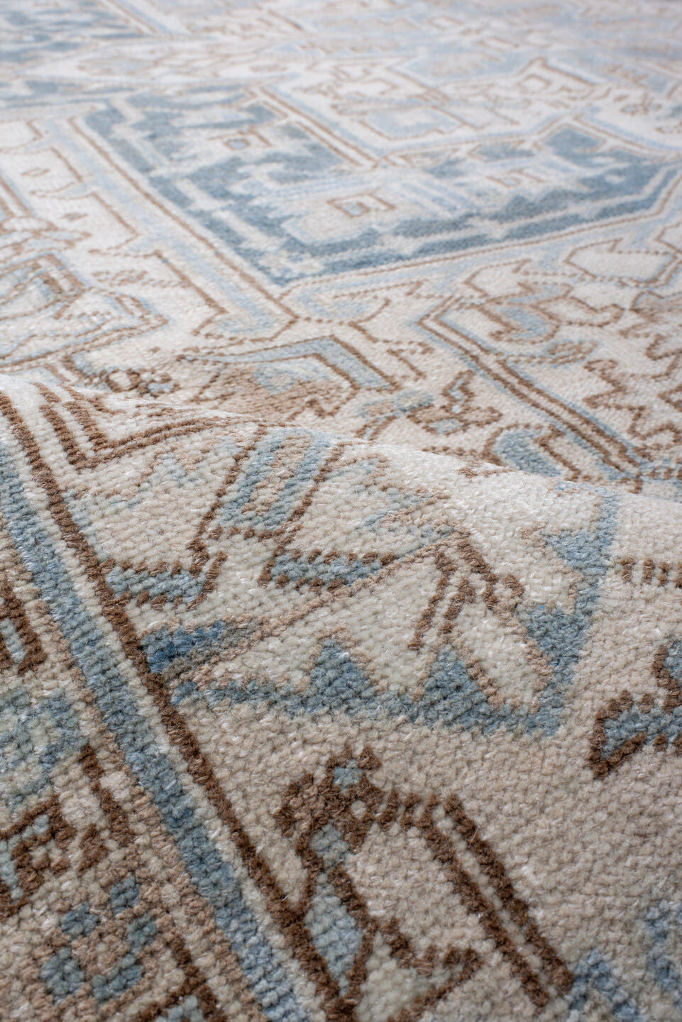 8' x 11' one-of-a-kind handmade antique Heriz large size rug. Color palette: ivory, light blue, slate, taupe, beige