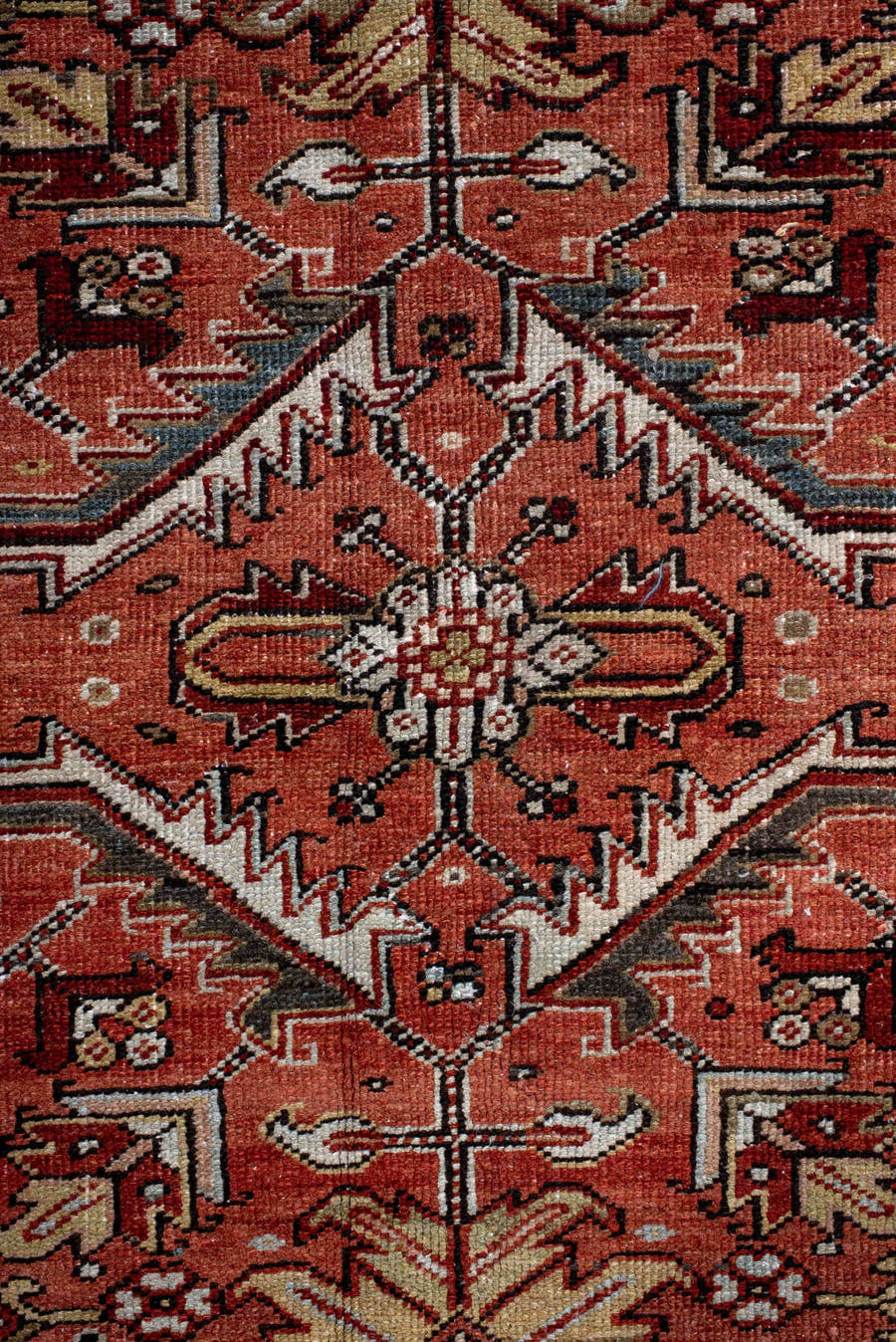 6' x 9' one-of-a-kind handmade antique Heriz rug. Color palette: terra cotta, rust, sky blue, ivory, charcoal, camel