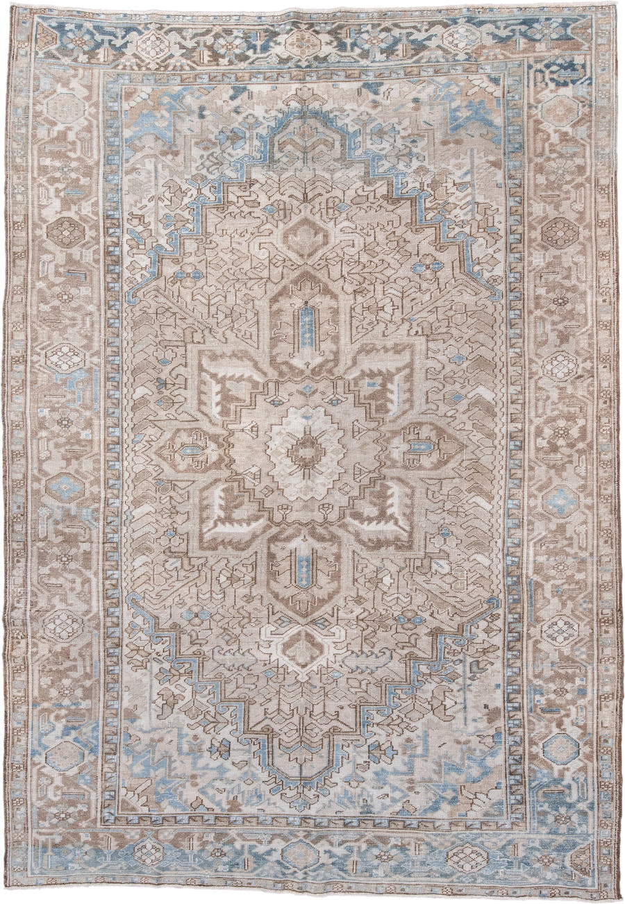 7' x 11' one-of-a-kind handmade antique Heriz large size rug. Color palette: taupe, ivory, powder blue, beige, camel