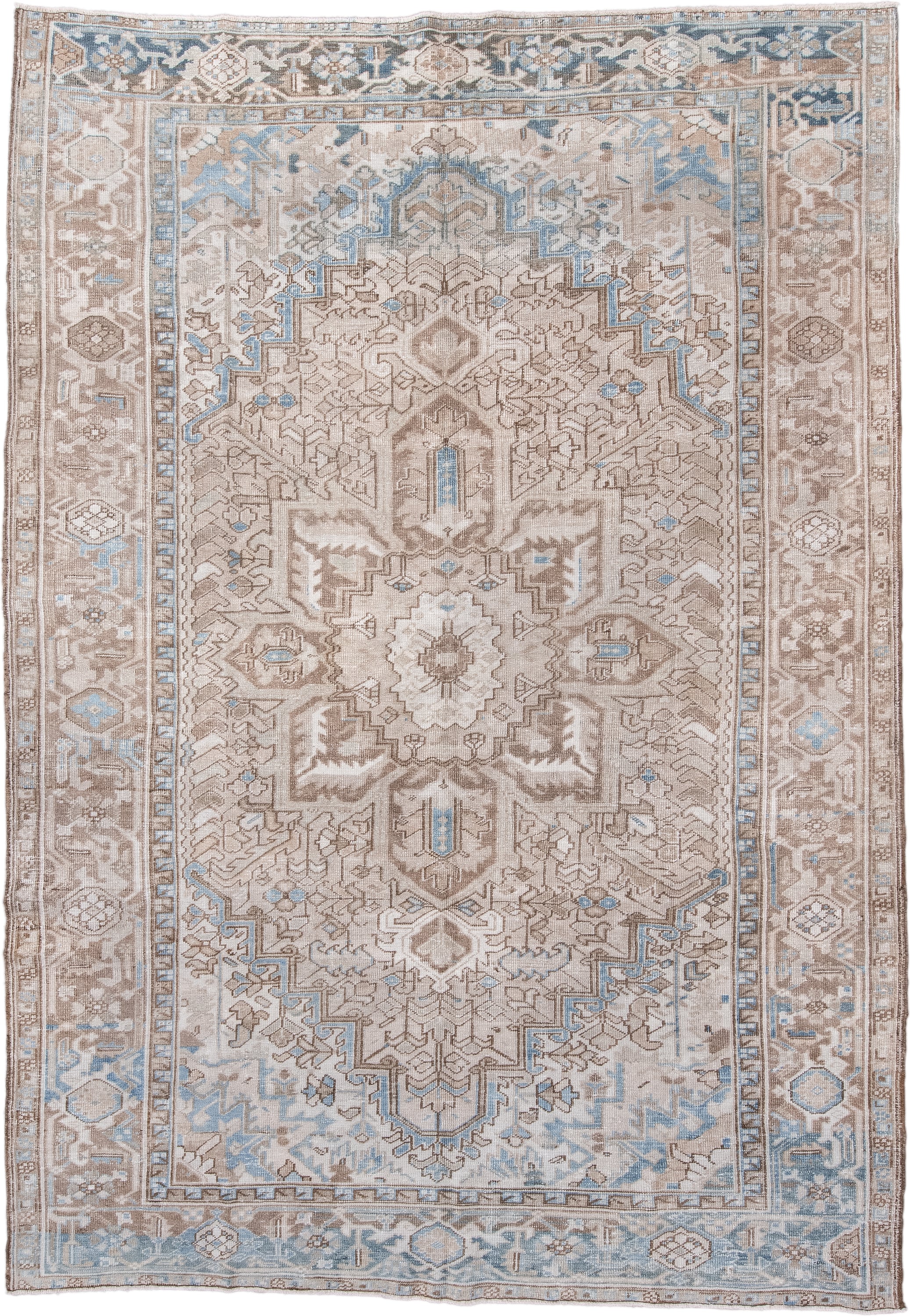 7' x 11' one-of-a-kind handmade antique Heriz large size rug. Color palette: taupe, ivory, powder blue, beige, camel