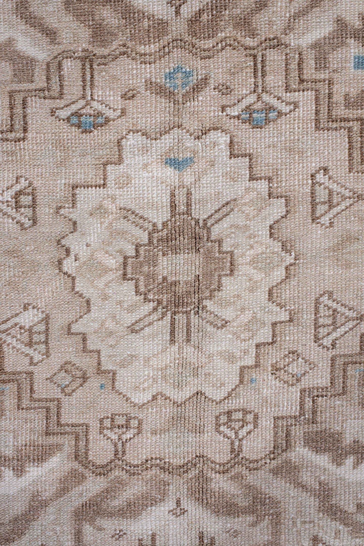 7' x 11' one-of-a-kind handmade antique Heriz large size rug. Color palette: taupe, ivory, powder blue, beige, camel
